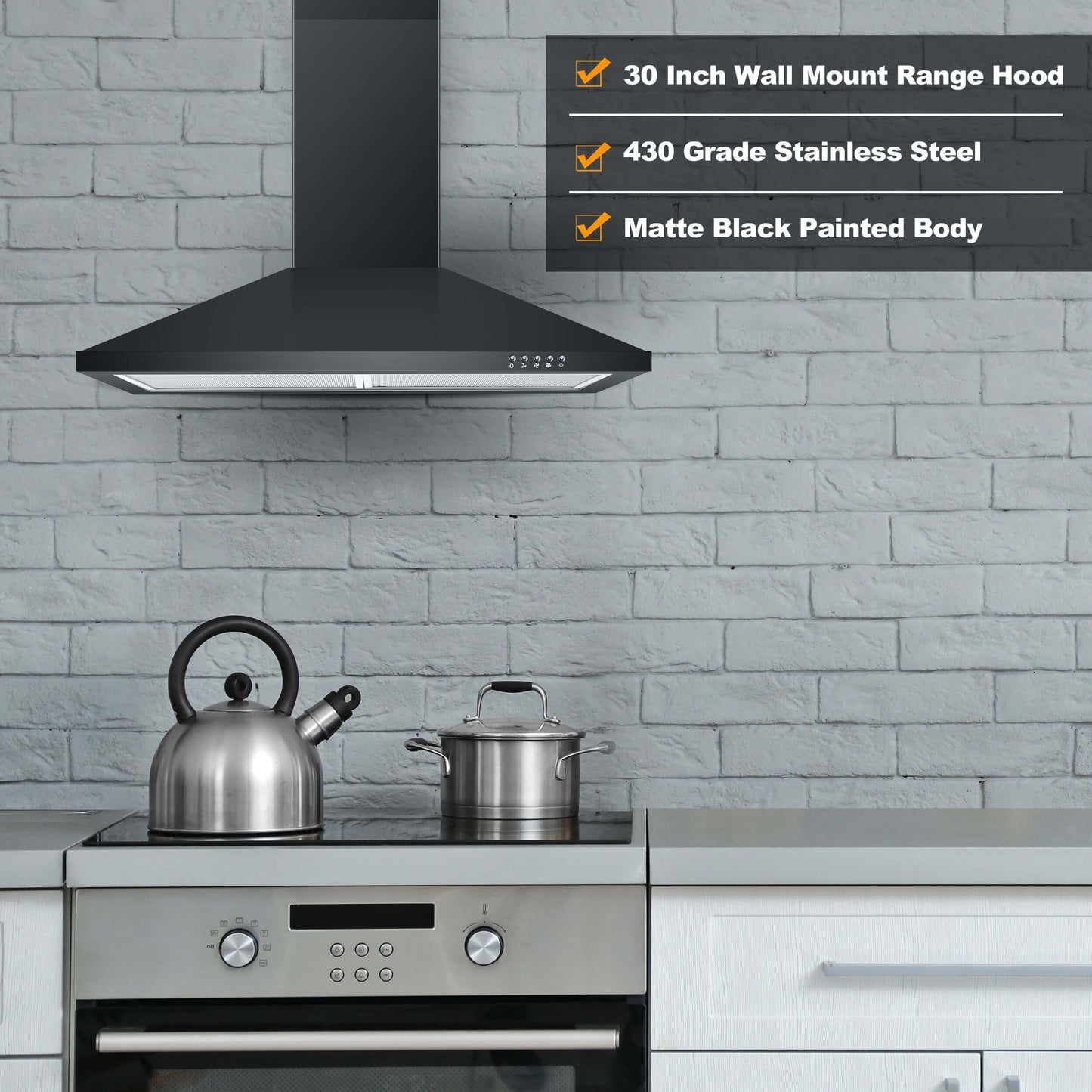 SNDOAS Black Range Hood,Wall Mount Range Hood 30 inch,Stainless Steel Kitchen Hood with Ducted/Ductless Convertible,Stove Vent Hood,Aluminum Filters,3 Speed Exhaust Fan,LED Light,Button Control