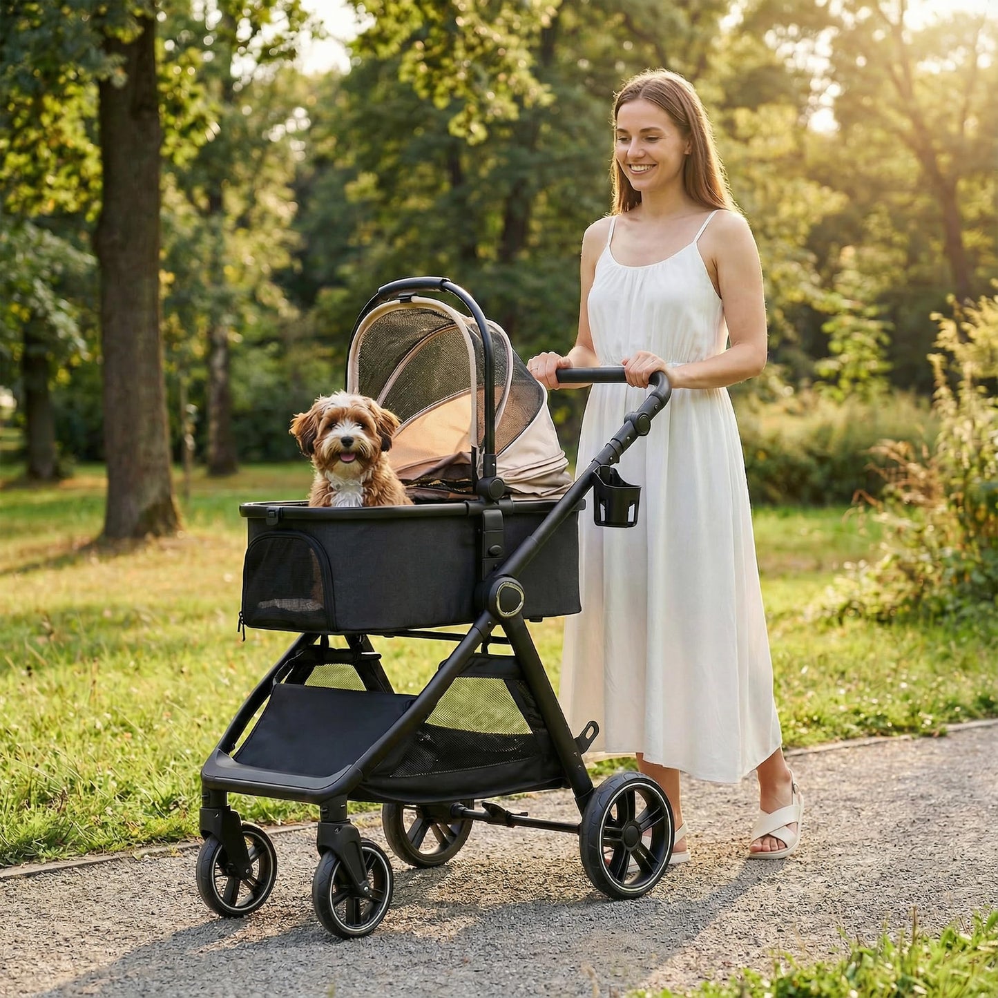 KAVELLIN Pet Stroller for Small/Medium Dogs, Foldable Dog Stroller with Detachable Carrier,3 in 1 Pet Stroller for Dogs Cats up to 50 lbs, Cup Holders,Easy Assembly, Black