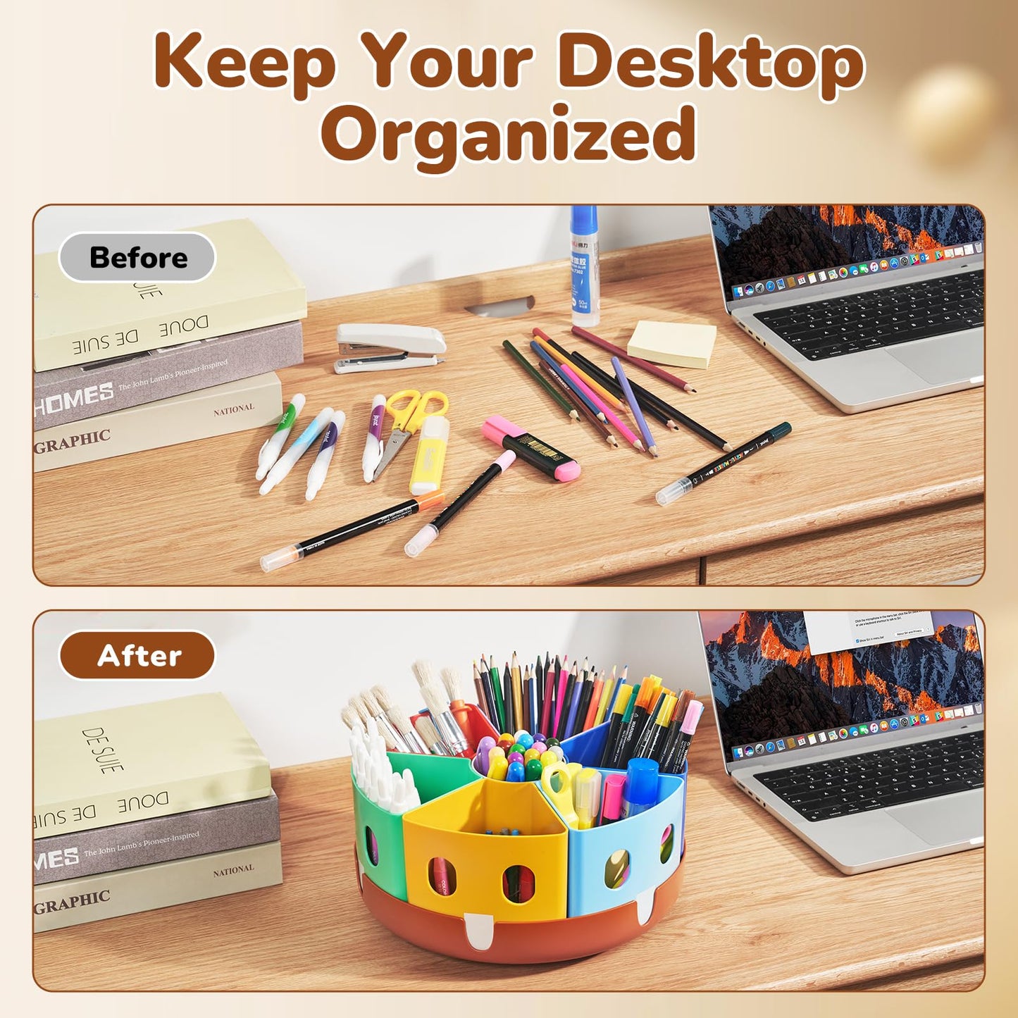GAMENOTE Rotating Art Supplies Organizer - Lazy Susan Office School Supply for Kids Desk Organization and Storage Homeschool Craft Caddy Classroom Organization (Large)