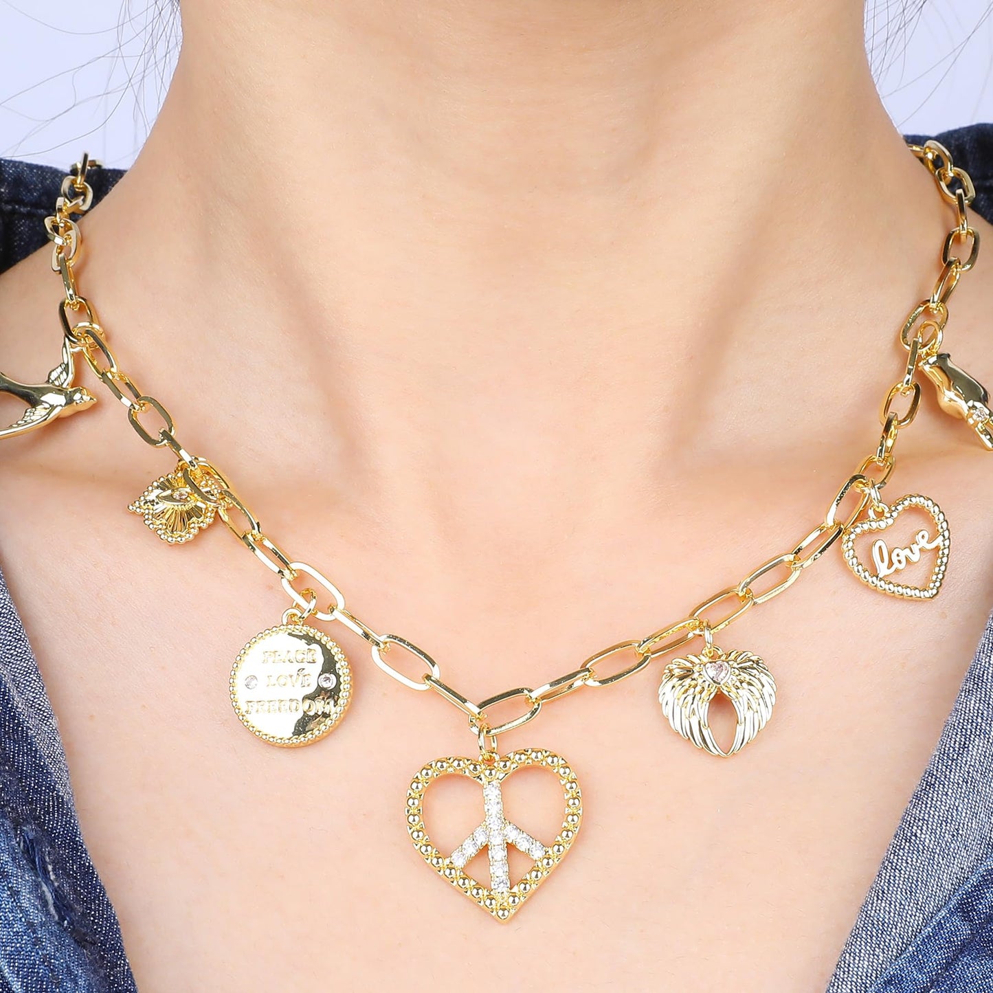 NEKOL Peace Sign Heart Charm Necklace for Women, Vintage Hippie Style Peace Sign Hamsa Angel Wings LOVE Heart Peace Dove Anti War Necklace Retro Boho Party Dressing Accessories Jewelry Gifts