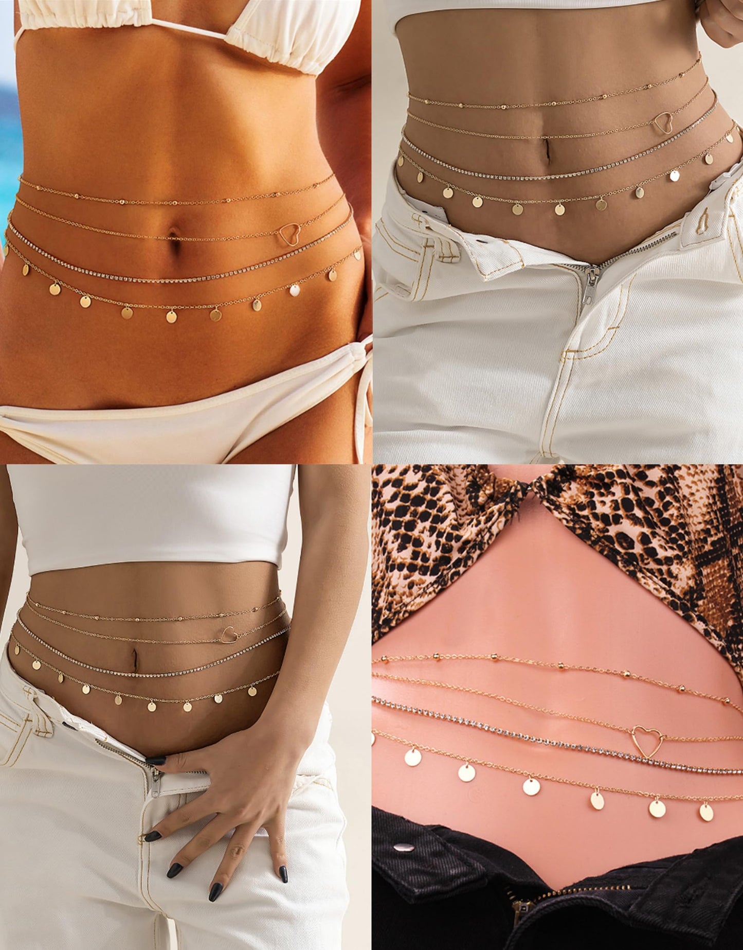 Tornito 8Pcs Waist Belly Chain 18K Gold Plated CZ Heart Pearl Snake Bead Sequin Paperclip Belly Chain Summer Beach Sexy Body Chains Jewelry Accessories for Women Adjustable