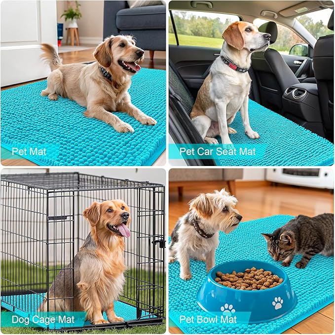 OLANLY Dog Door Mat for Muddy Paws 47x24, Absorbs Moisture and Dirt, Absorbent Non-Slip Washable Doormat, Quick Dry Chenille Mud Mat for Dogs, Entry Indoor Entryway Carpet for Inside Floor, Aqua Blue