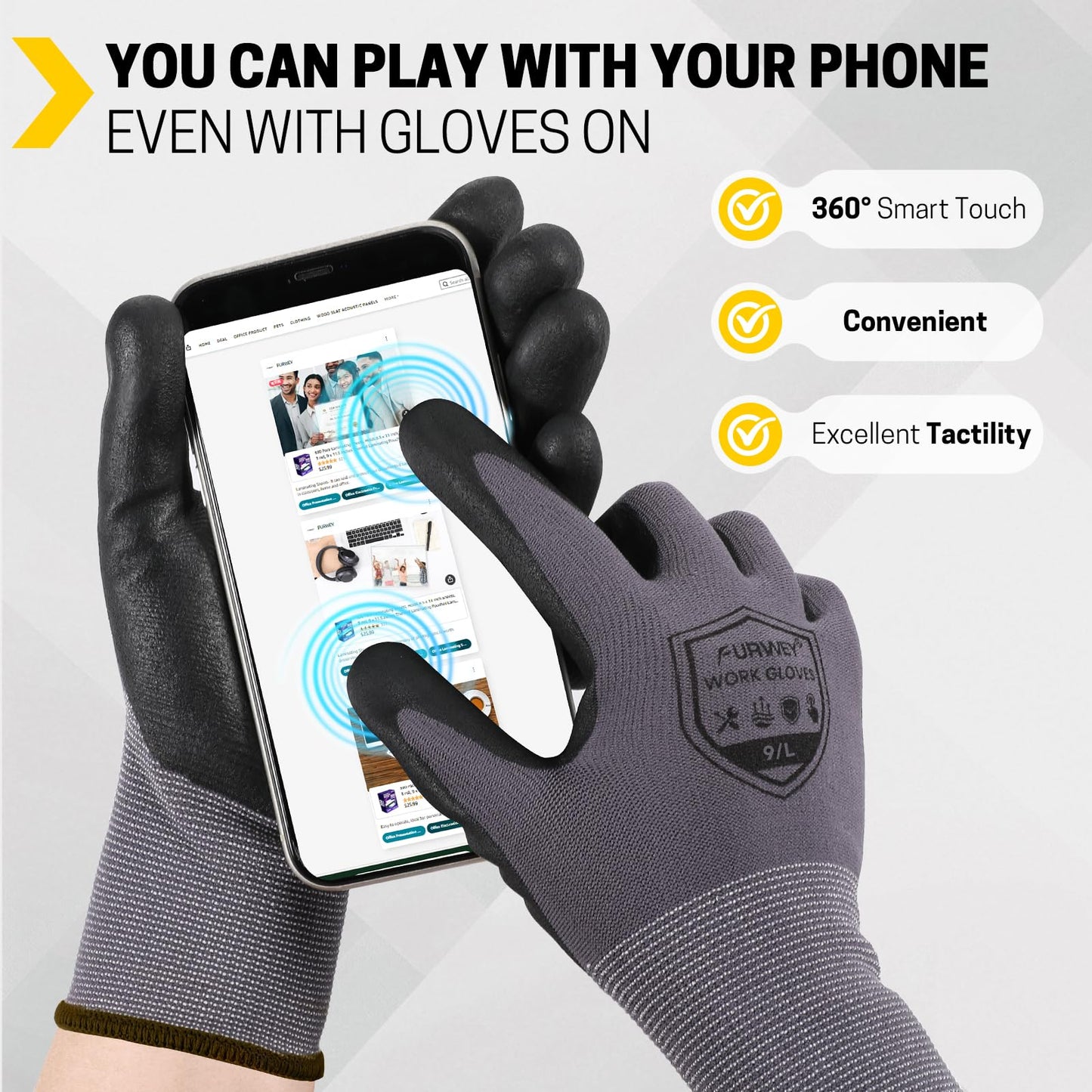 FURWEY Safety Work Gloves,16 Pairs Micro-Foam Nitrile Coated Glove for Men and Women, Touchscreen, Ideal for Warehouse Package Handling，Construction, Gardening, Medium
