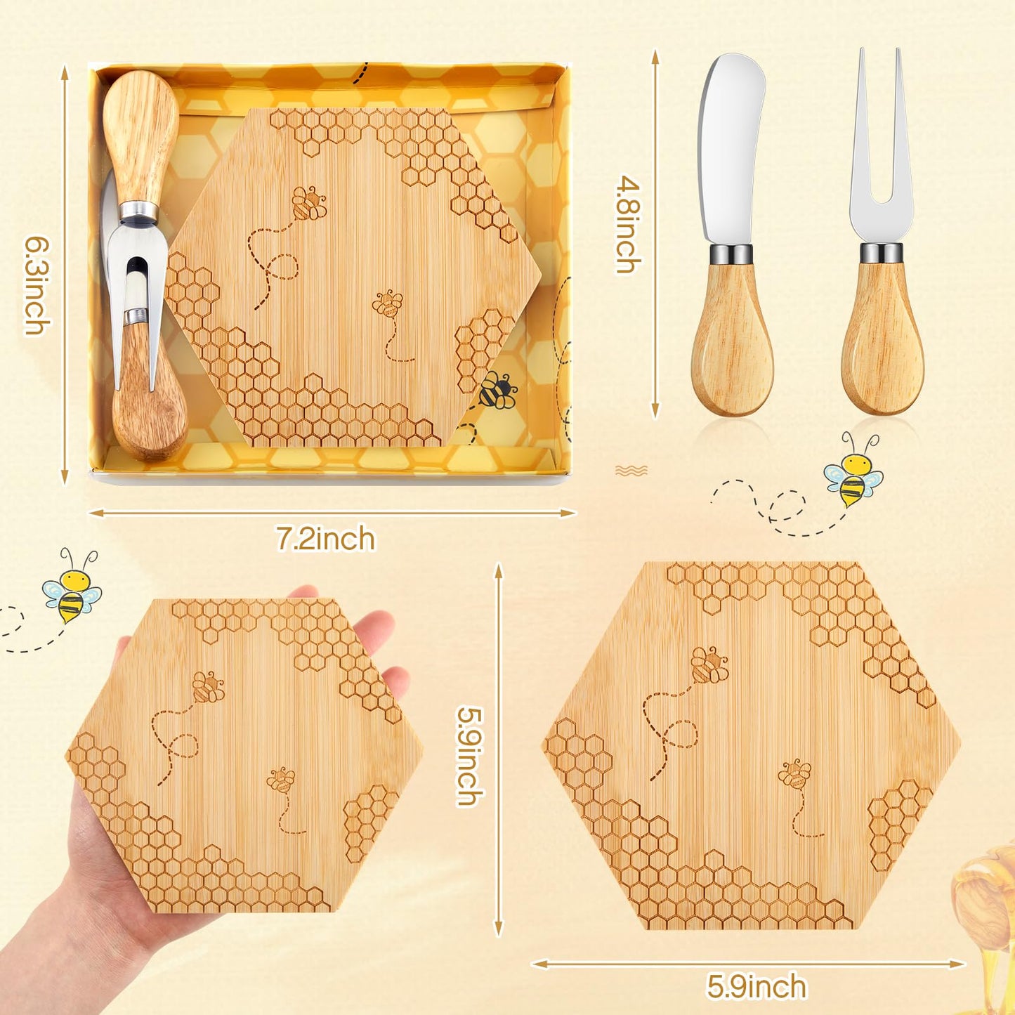 Ziliny 1 Set Bridal Baby Shower Prizes for Winners Honey Bee Cheese Board Party Gifts with Cheese Knive and Forks Box for Bee Baby Shower Themed Birthday Wedding Favors (Hexagon)