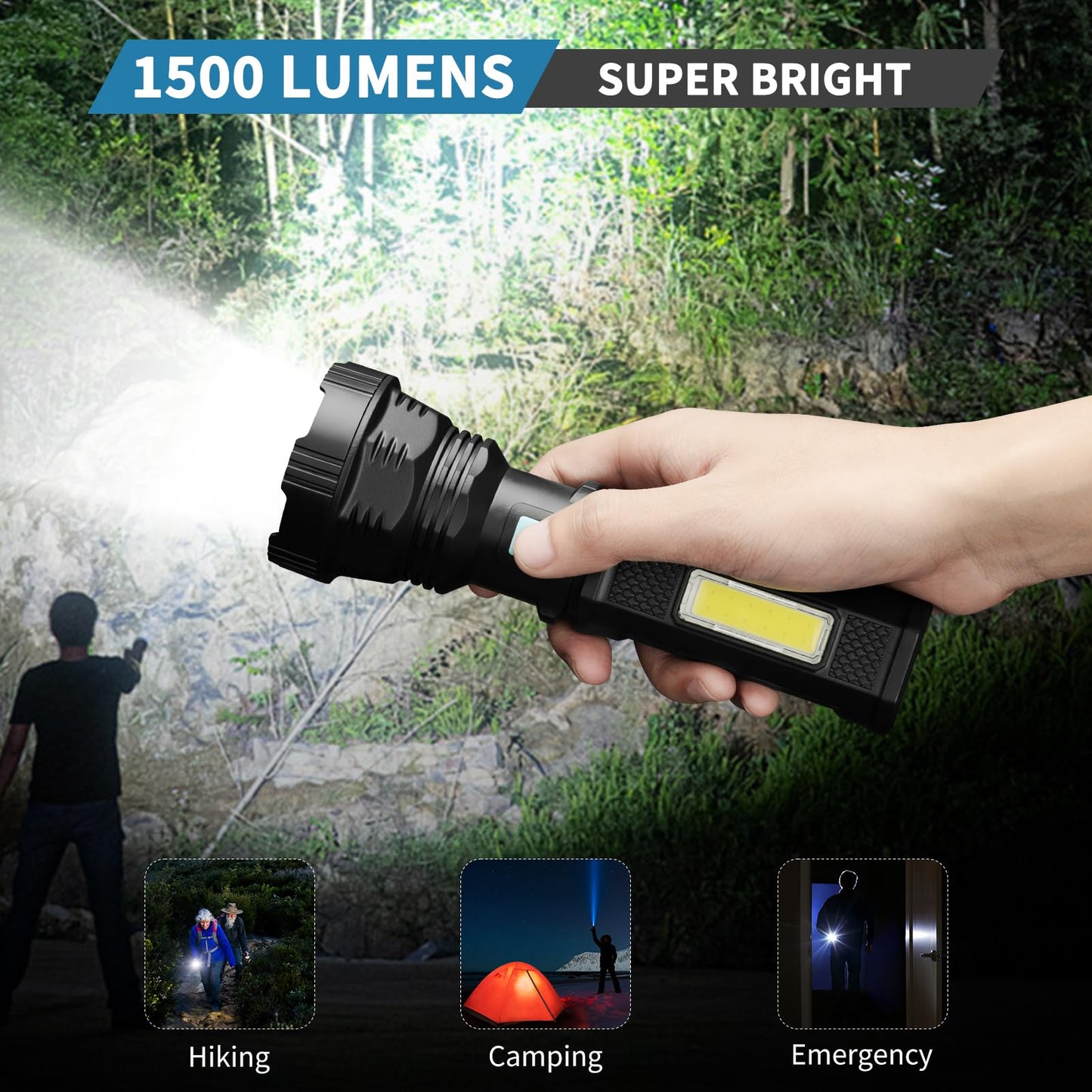 VOETIR Led Solar Flashlight, 1500 Lumens Led Solar Handheld Rechargeable Flashlights with IP65 Waterproof, 2000mAh Battery for Survival Emergencies Camping (2 Packs)