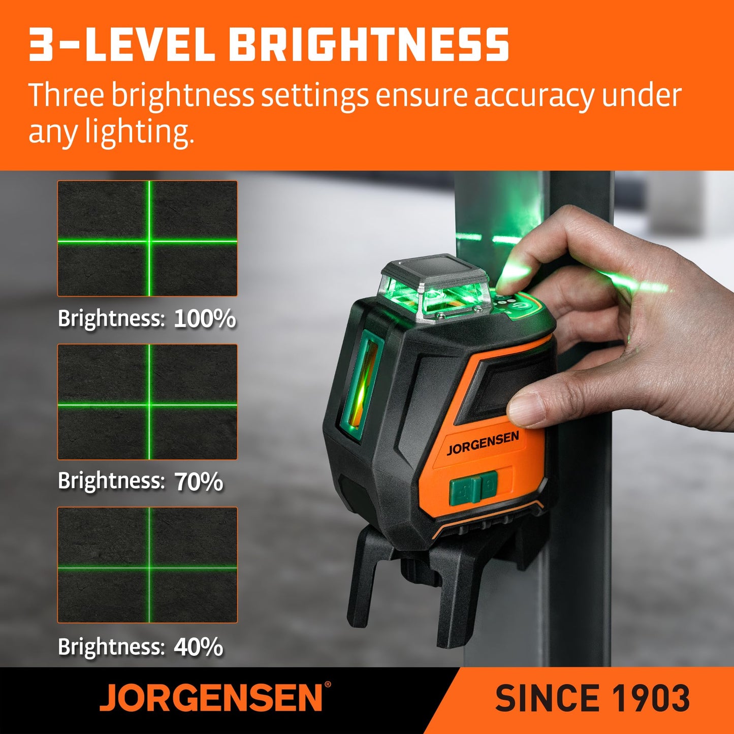 JORGENSEN 360° Laser Level with Tripod, 100 FT Rechargeable Self Leveling Cross Line Laser Leveler Tool with Magnetic Base, Wide Angle Green Laser Level for Picture Hanging, Floor Tile, Construction