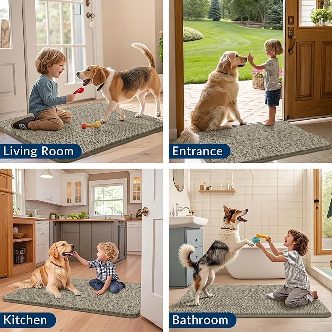 Smiry Dog Door Mat for Muddy Paws 36x24, Absorbs Moisture and Dirt Doormat, Non-Slip Washable Quick Dry Chenille Front Door Mat Indoor Entrance, Entryway Carpet for Inside Floor, Warm Taupe