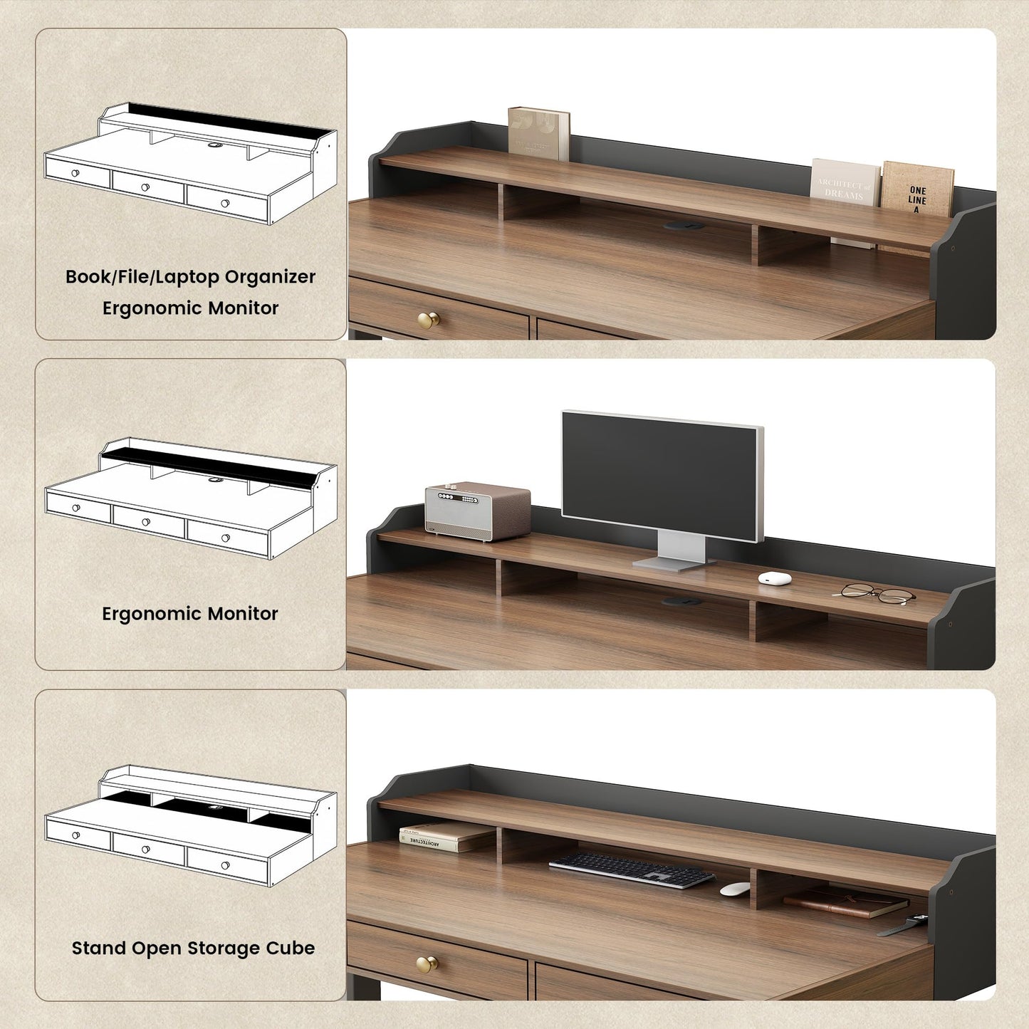 ModernMate Standing Desk with 3 Drawers, 47.2 x 26 Inches Height Adjustable Desk with Monitor Shelf, Electric Stand Up Table with Storage for Home and Office, Black Walnut