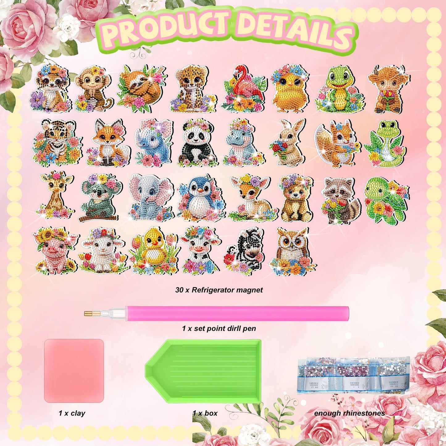 Xuhal 30 Pcs Spring Animal Diamond Painting Magnets Watercolor Flower Animal Diamond Art Magnet Kits for Adults 5D Rhinestone Elephant Tiger Refrigerator Magnetic Sticker for DIY Crafts Fridge Gifts
