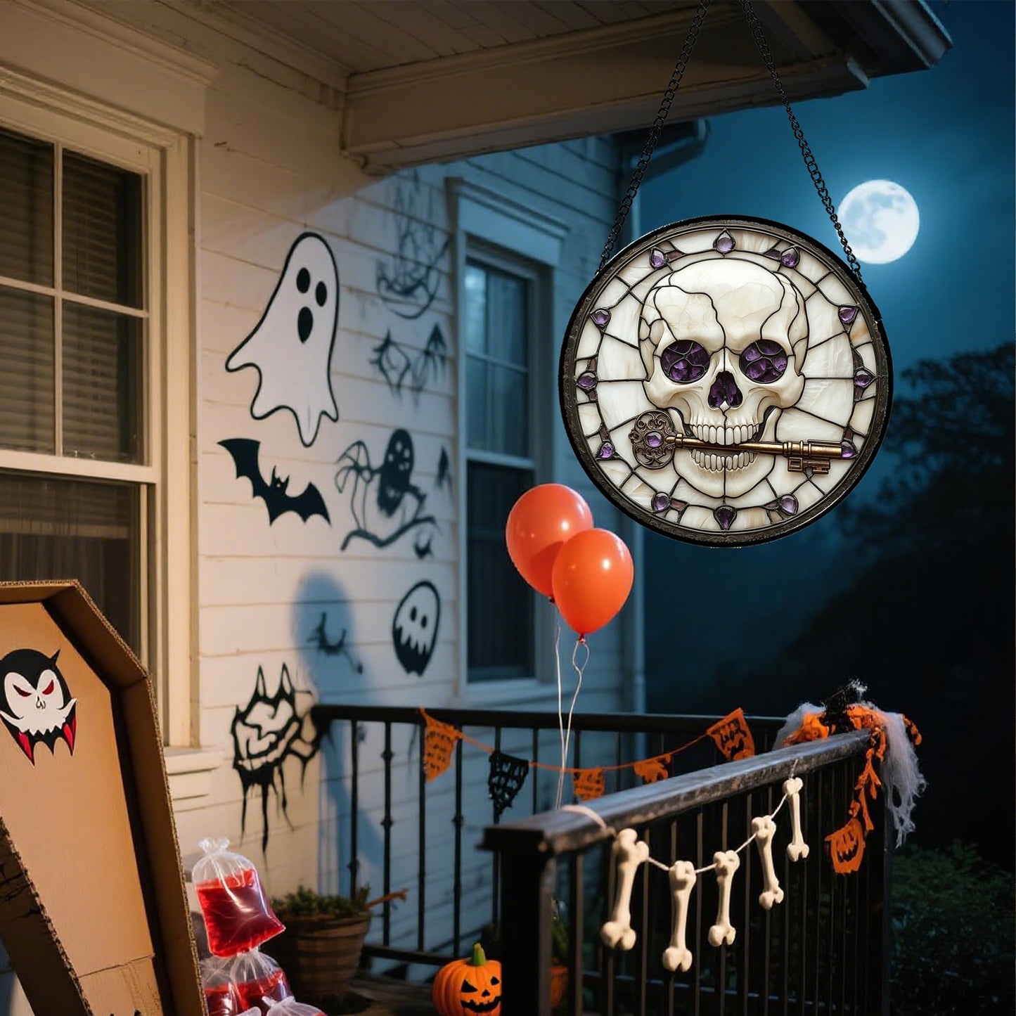 CRISGIF Stained Glass Window Hanging - Halloween Scary Skull Suncatcher for Doors Garden Home Spooky Purple Skeleton Key Sun Catchers Gothic Decor Horror Gifts for Women Men Friend Boy Girl 6.3 in