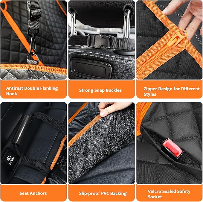 URPOWER 6-in-1 Dog Car Seat Cover for Back Seat, Waterproof Dog Car Hammock with Mesh Window, Non-Slip Pet Backseat Protector for Cars, Trucks and SUVs