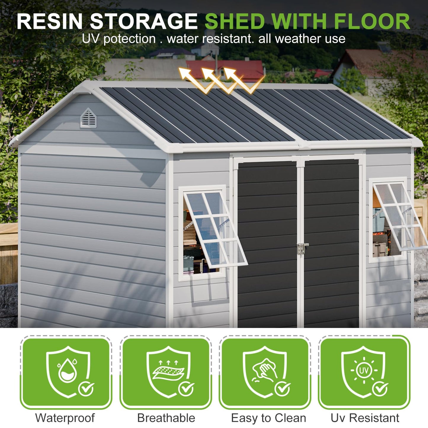 8x6 Shed, Heavy-Duty Outdoor Storage Shed with Floor, Waterproof Plastic Resin Garden Shed for Backyard, Tool Storage with Lockable Double Doors Awning Windows