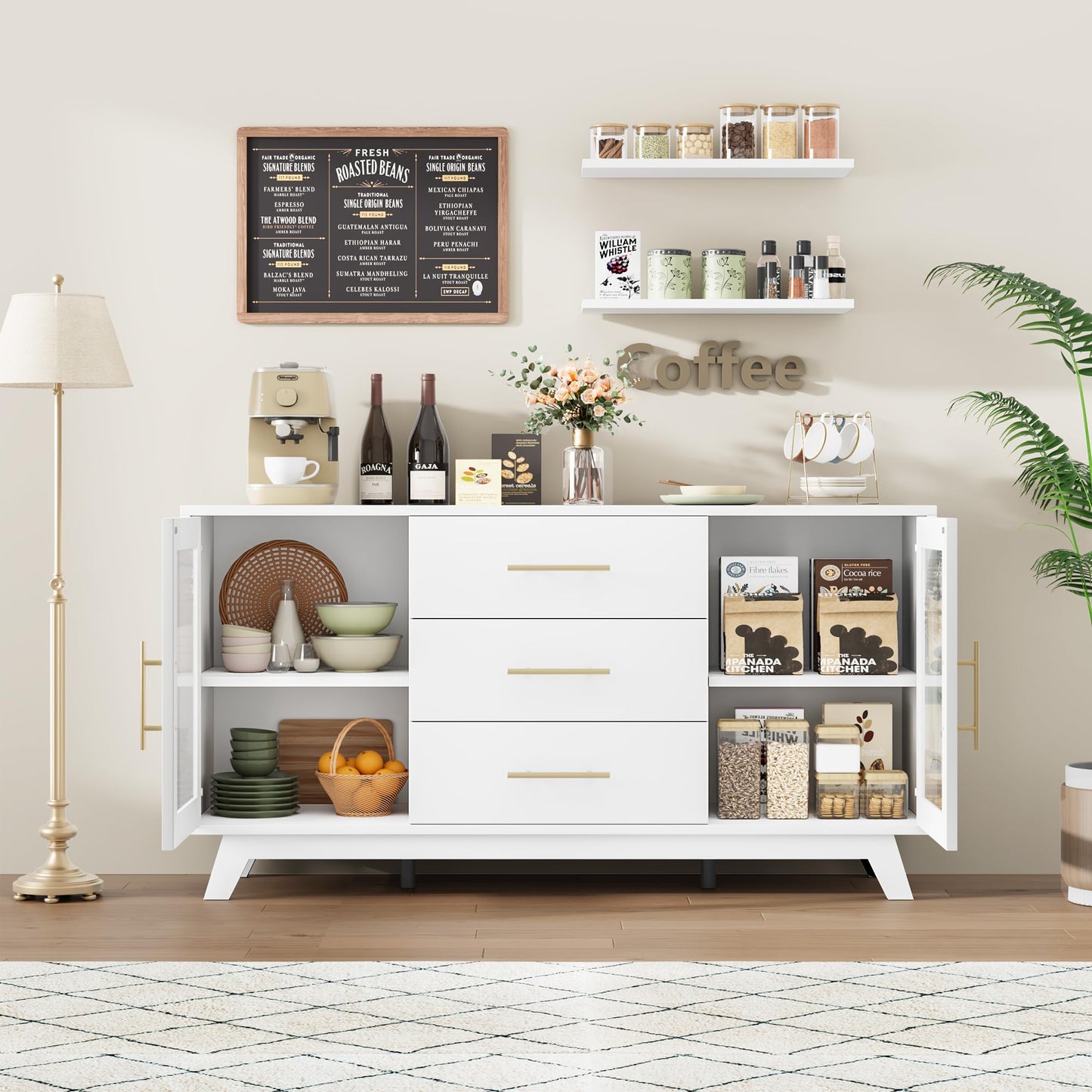 GAOMON Sideboard Buffet Cabinet with 2 Fluted Glass Doors, 56" Modern Coffee Bar Cabinet with 3 Large Drawers, White Long Storage Cabinet for Kitchen Dining Living Room, White Top