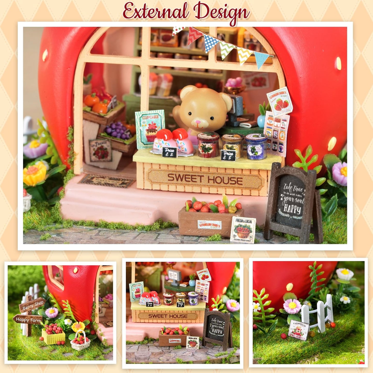 TuKIIE DIY Miniature House Kit with Furniture, 1:100 Scale Creative Room Mini Wooden Dollhouse Book Nook for Kids Teens Adults(Berry Shop)