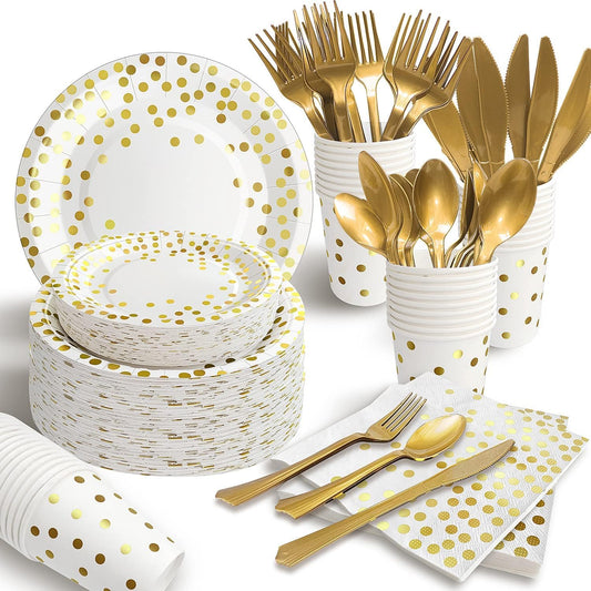 AIRE 175PCS White and Gold Paper Plates Party Supplies for 25 Guests Disposable Decorations Dinnerware Golden Dot Paper Plates Napkins Cups Gold Plastic Forks Knives Spoons for Mothers Day Birthday