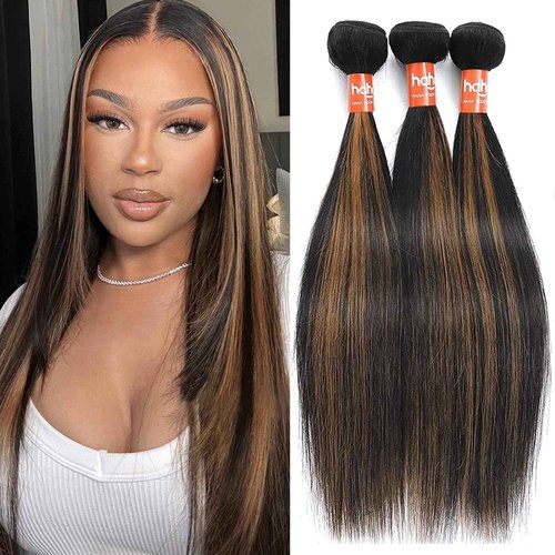 Haha Ombre Straight Bundles Human Hair Colored Brown Highlight Human Hair 3 Bundles Brazilian Remy Virgin Hair Sew In Bundles For Women Black Brown Piano Color Hair Weave Extensions 14 16 18 Inch FB30