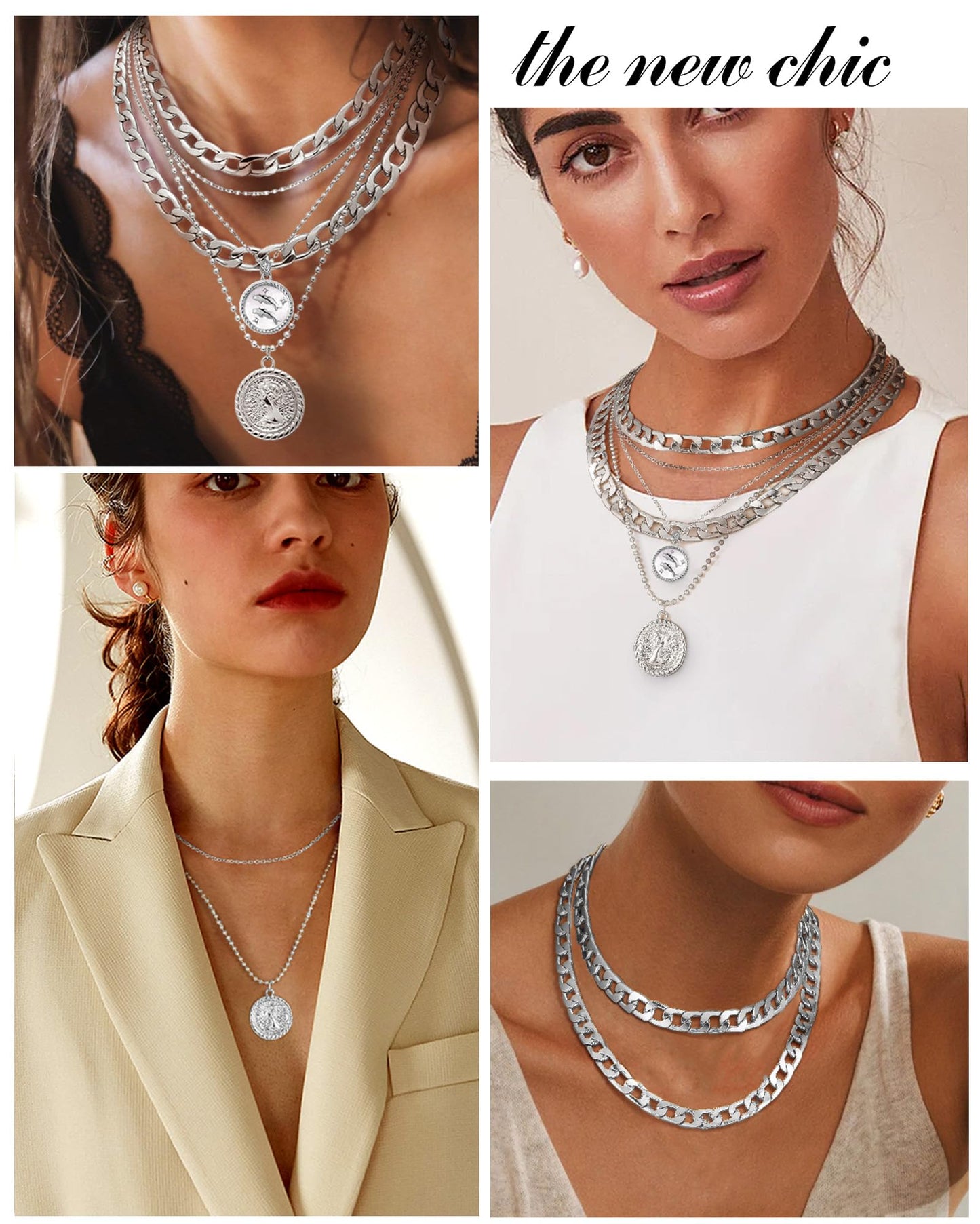 MJartoria Gold Layered Necklaces for Women Trendy Retro Coin Pendant Necklace Dainty Chunky Chain Choker Necklaces for Jewelry Birthday Gifts (Silver, Zodiac-Pisces-3PCS Layered)