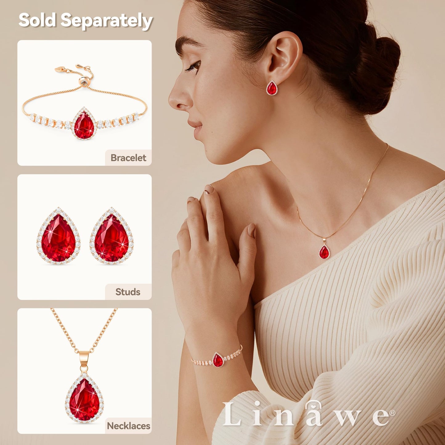 Linawe Red Crystal Ruby Pendant Chain Necklace for Women Rose Gold, Imitation Diamond Boho Necklace, Cubic Zirconia Birthstone Teardrop Rhinestone Preppy Wedding Jewelry