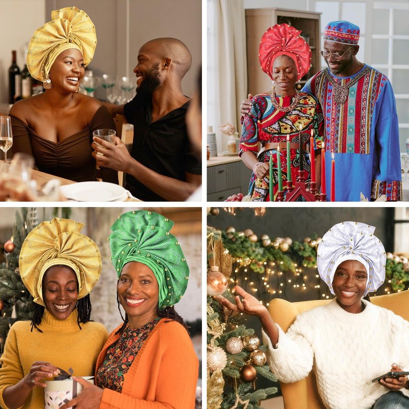 Nigerian headwear African headscarf,Auto Gele headband,hand wrap beaded - made for weddings parties events (Golden)