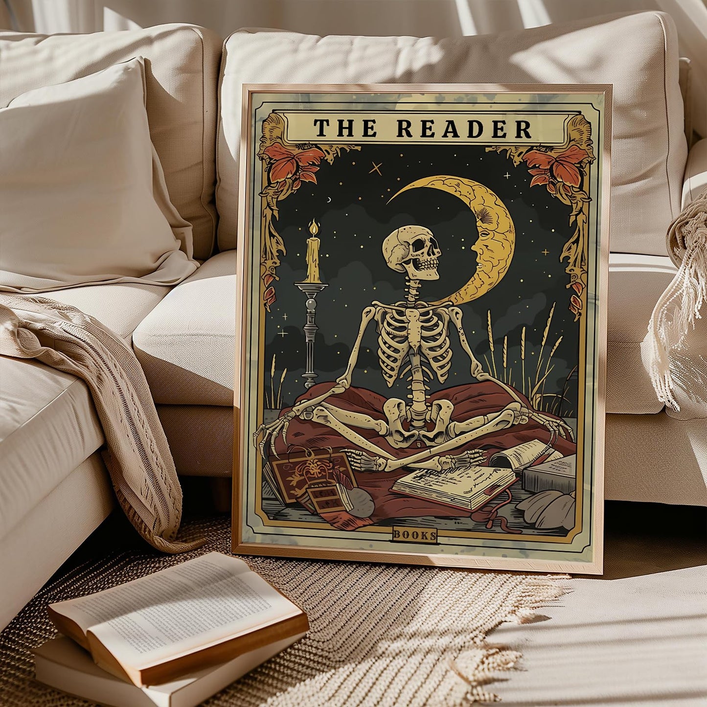 Tarot card wall art Skeleton Reader Tarot Picture Decor Library Reading Room School Decor Book Lover Witchy Gothic Halloween Canvas Paintings Gifts for Readers Book Lovers Gifts 16x24inch Unframed