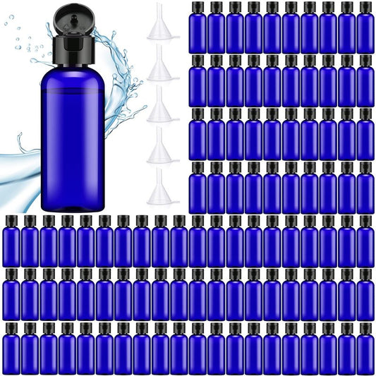 Eccliy 100 Pack 2 oz Plastic Bottles Travel Lotion Bottle Squeeze Container Plastic Bottles with Caps Small Travel Empty Refillable Toiletry Containers for Liquid Lotion Creams with 5 Funnels(Blue)