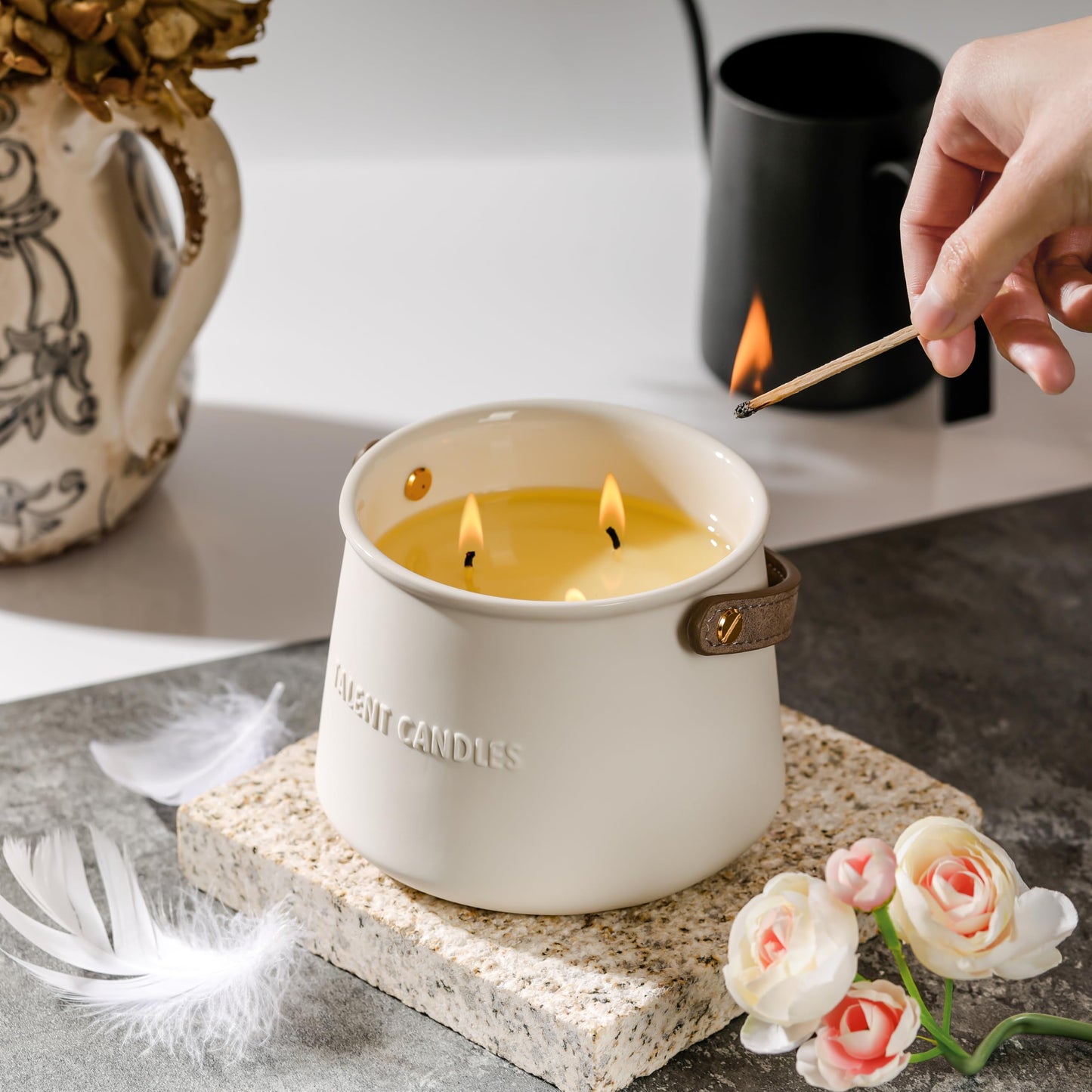 Candles for Home Scented - Scandinavian Style 3 Wick Candle - Long-Lasting Ceramic Candle Jar - Soy Candles Non Toxic with Minimalist Design - Teak Mahogany