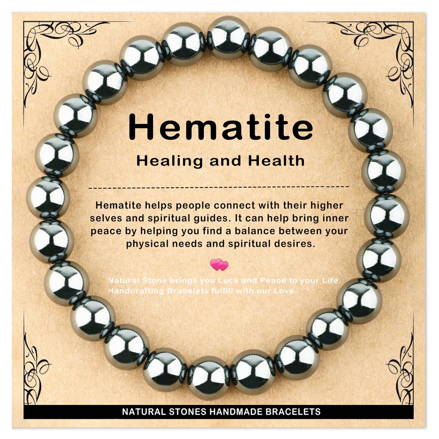 AD Beads 8mm Handmade Hematite Elastic Bracelet – Natural Gemstone for Healing and Health – Meditation, Yoga, Healing and Energy Gift for Men Women