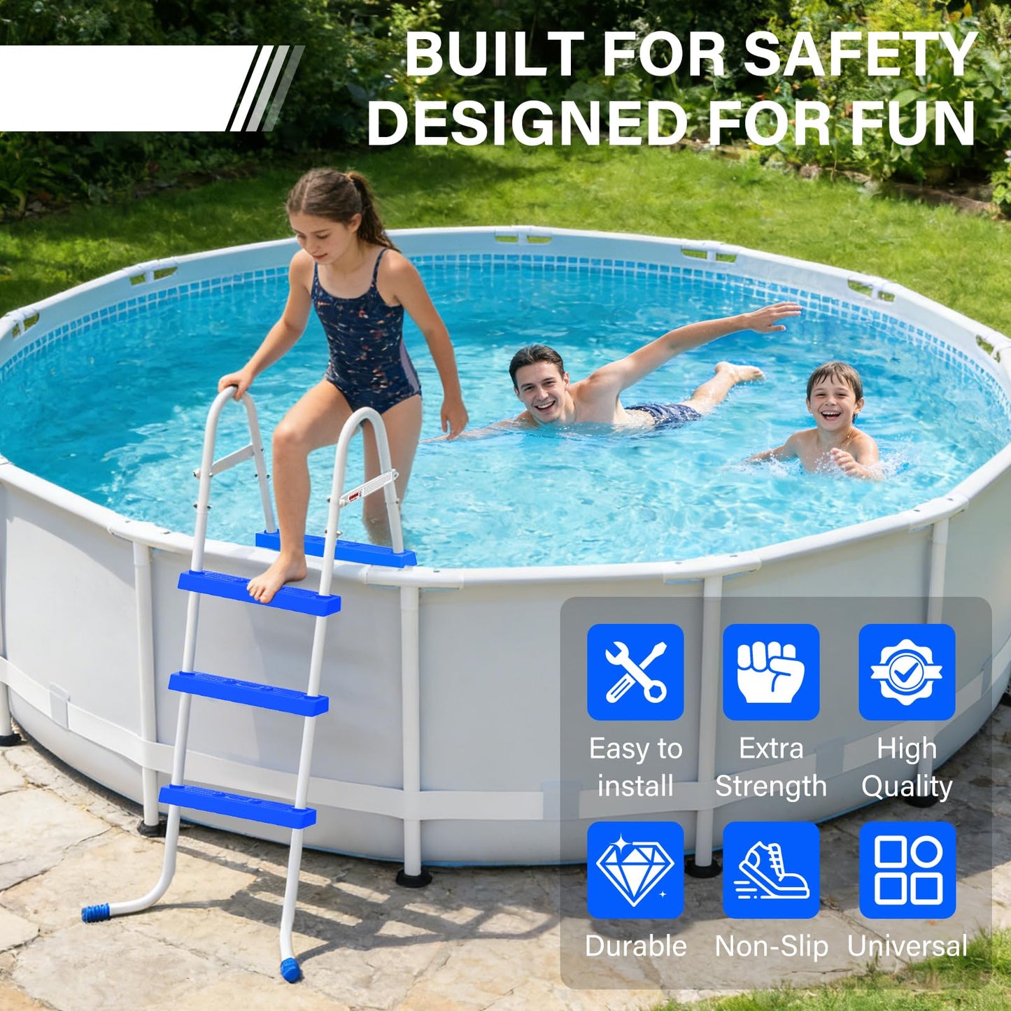 REGMICS Heavy Duty Steel Frame Swimming Pool Ladder for Above Ground Pools, 3-Step Double-Sided Pool Stairs for 42" Height Pools, 450lbs Capacity with Anti-Slip Rubber Feet & Wide Steps
