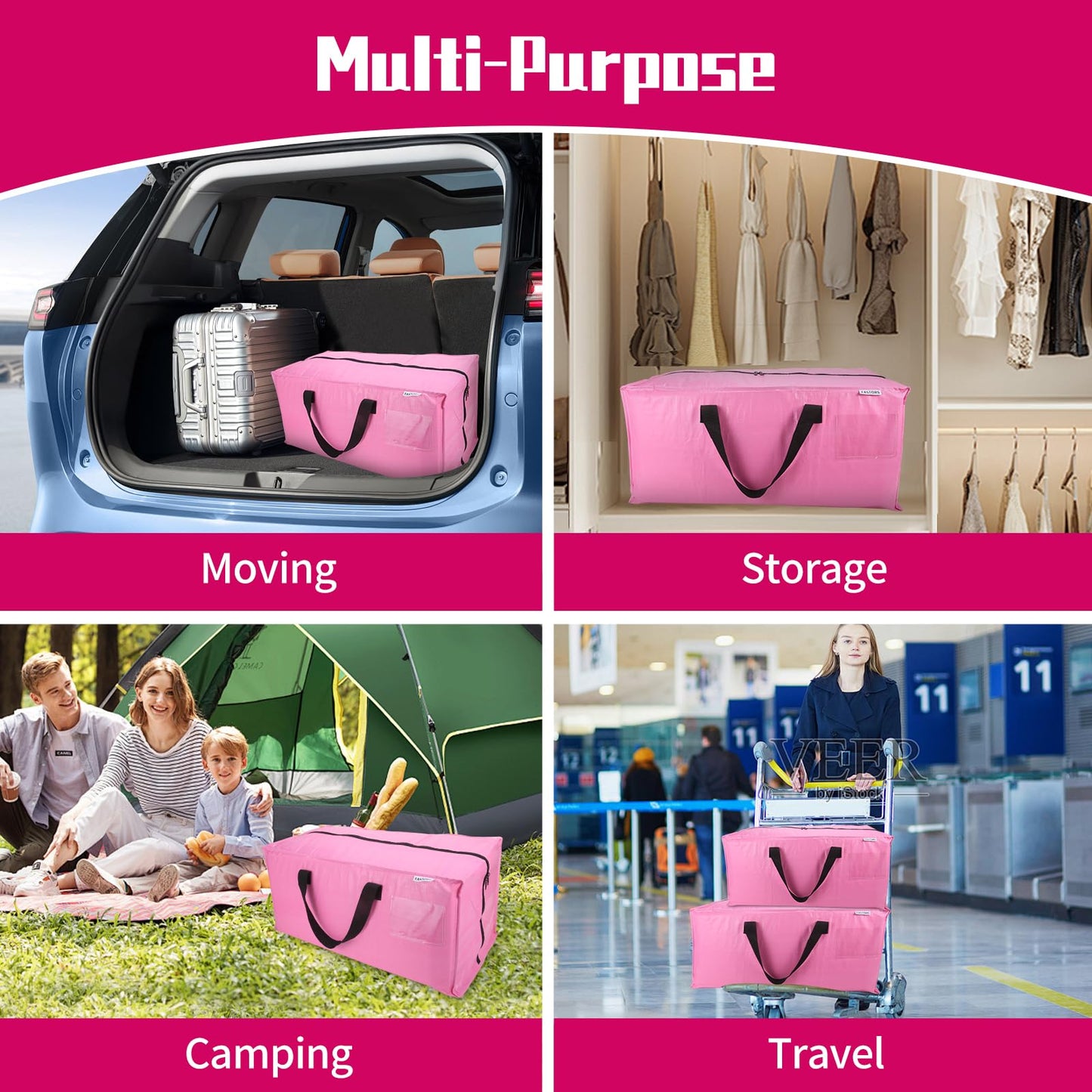 FASTORS 6-Pack Moving Bags,Heavy Duty Large Storage Bags with Zippers & Backpack Straps,Space Saver Bags are Packing Supplies for Moving & Travel,Alternative to Moving Boxes(Pink)