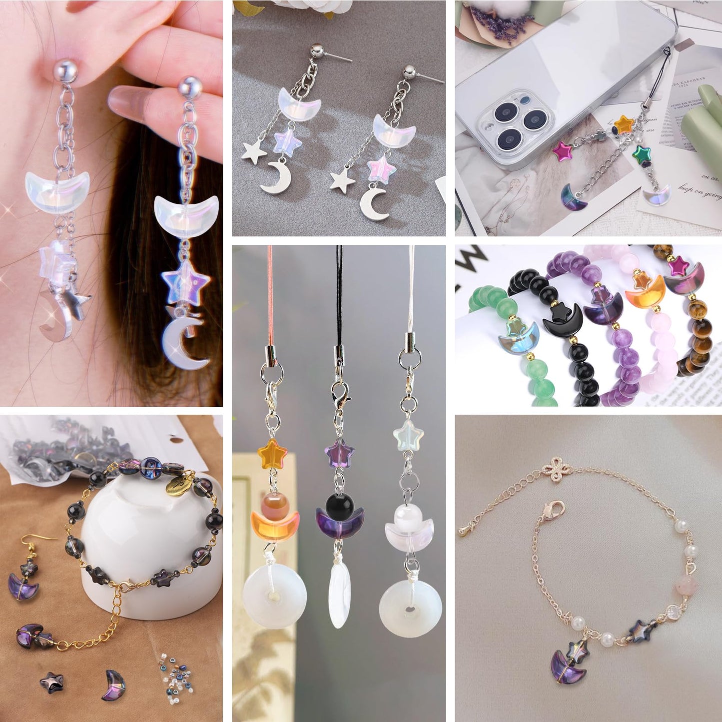 KINGSHINE 620pcs Mixed Star Moon Glass Beads for Jewelry Making, Shaped Star Moon Spacer Beads with Glass Seed Beads for DIY Supplies Bracelets Necklaces Earrings
