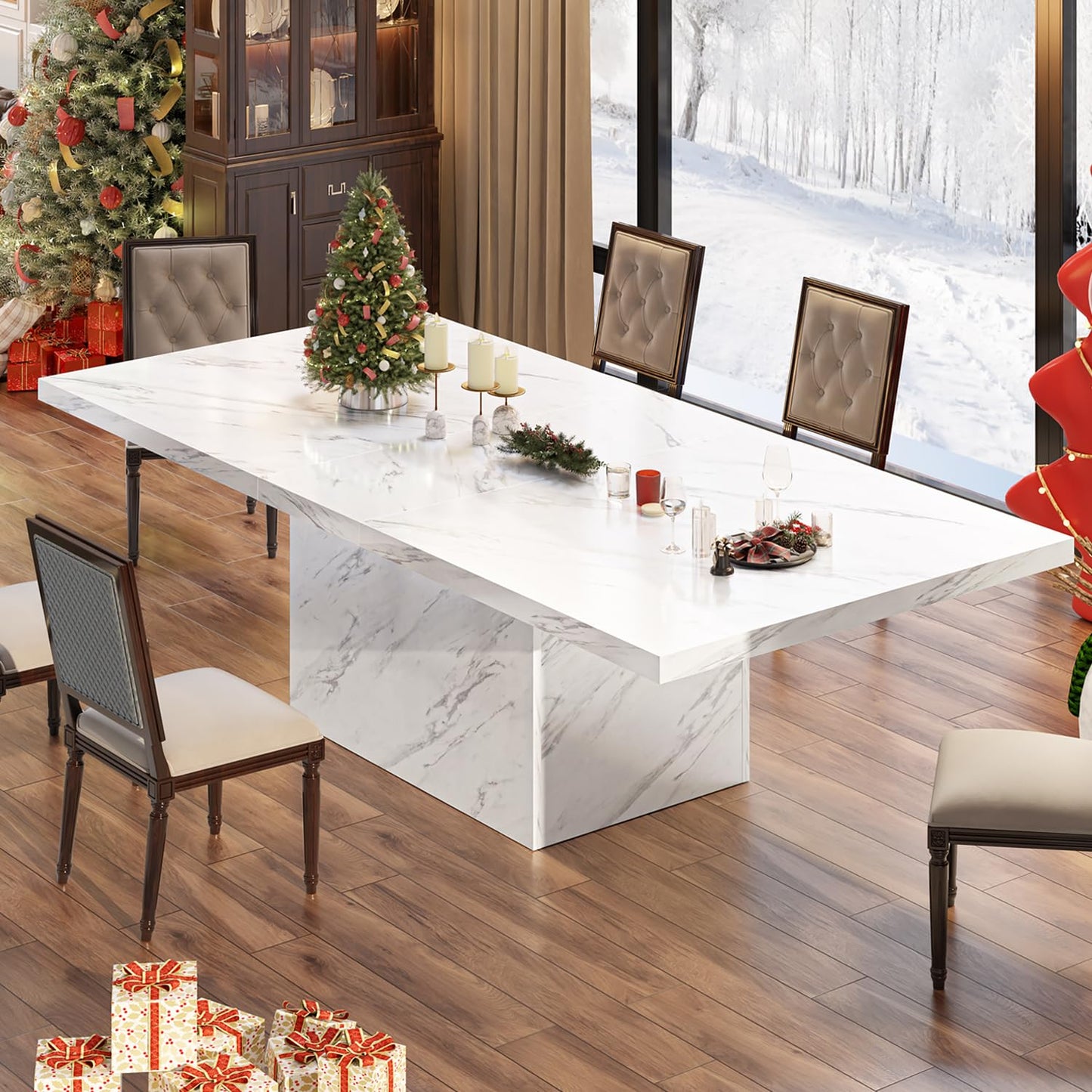HSH 71” White Faux Marble Dining Table, Rectangle Modern Dinner Kitchen Table for 6-8, Farmhouse Long Kitchen Furniture for Living Room, Industrial Wood Dining Room Table with Sturdy Base
