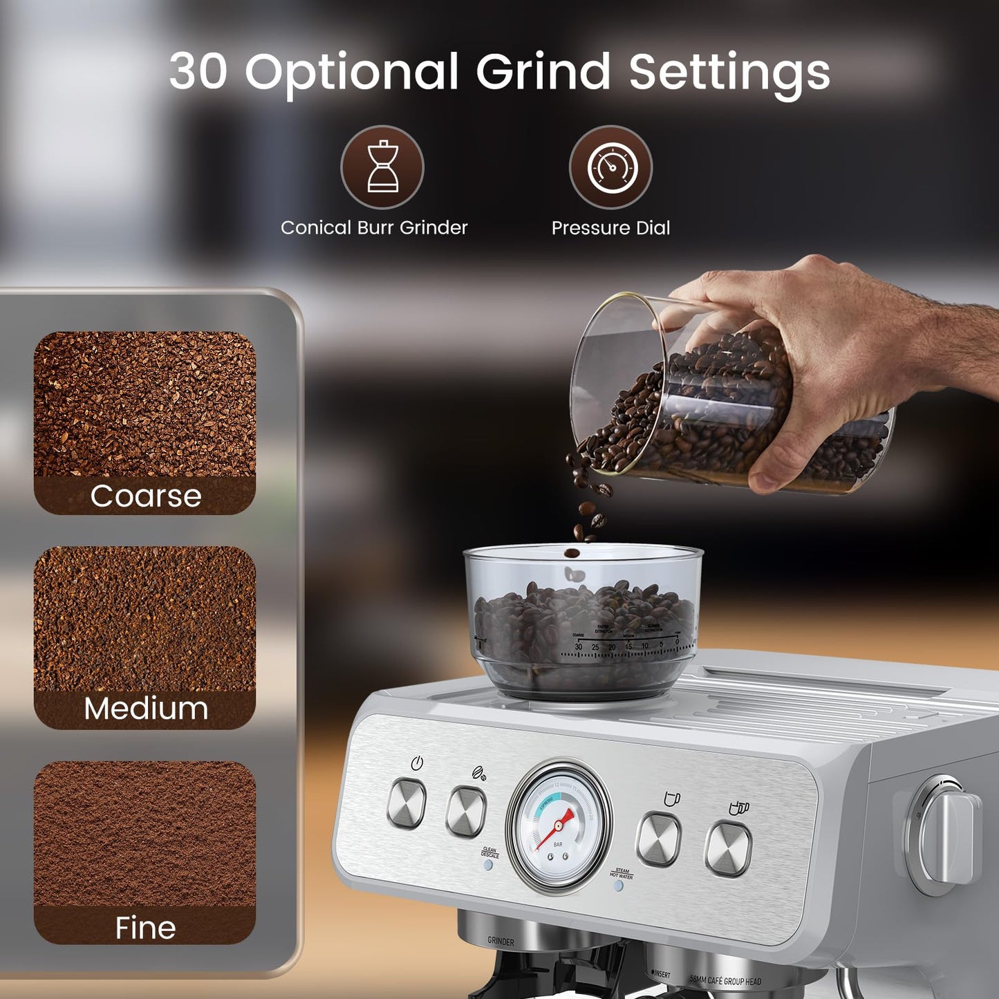 Electactic Espresso Machine with Built-in Grinder, Professional 20 Bar Cappuccino & Latte Machines with Milk Frother, 3-in-1 Stainless Steel Espresso Coffee Maker for Home, Office or Cafe
