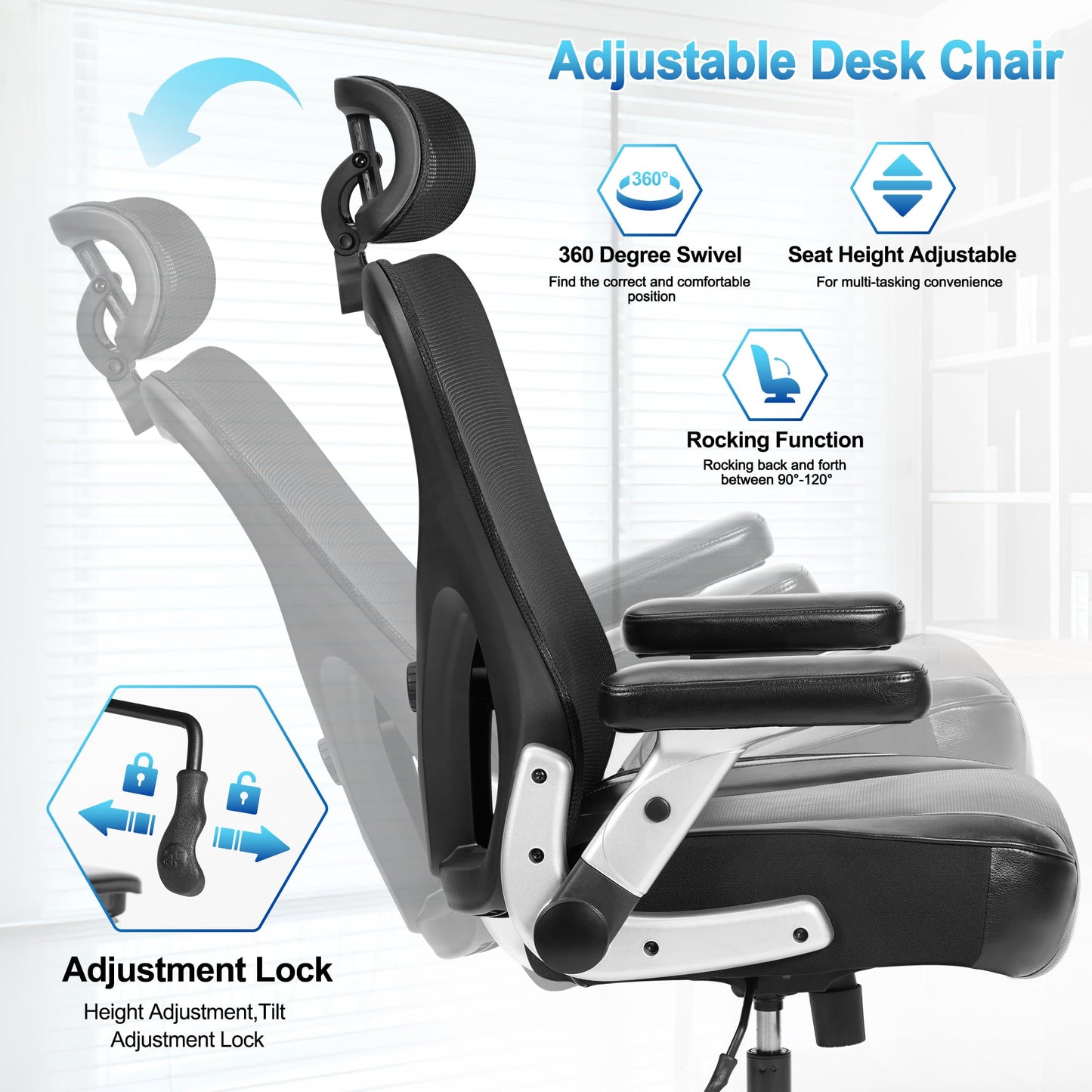 Super Big and Tall Office Chair 700lbs- Heavy Duty Executive Computer Chair with Rubber Wheels 3D Flip Arms, Ergonomic Mesh High Back Desk Chair, Extra Wide Seat Adjustable Lumbar Support&Headrest