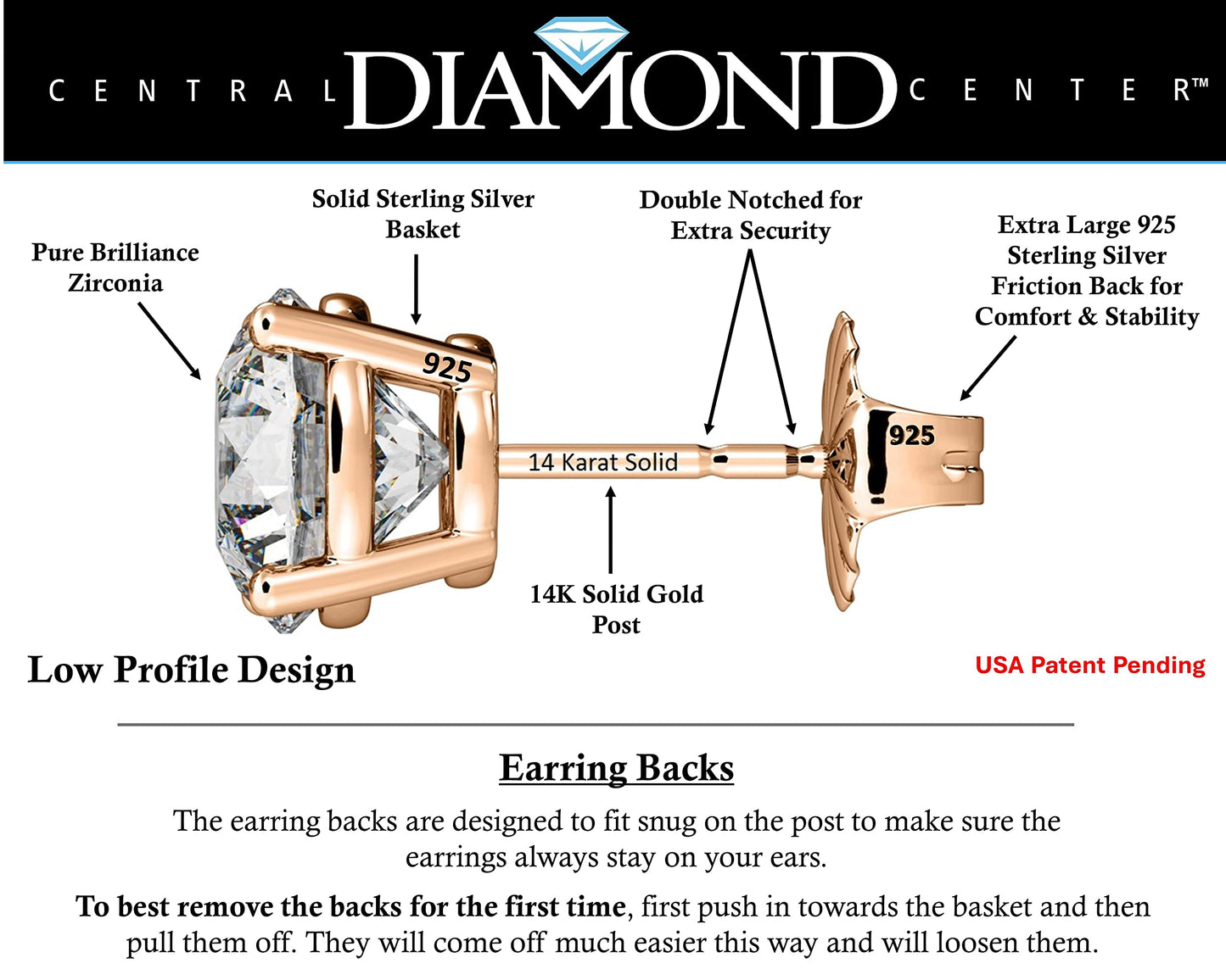 Central Diamond Center 14K Solid Gold Post & Sterling Silver 4 Prong CZ Stud Earrings - Rose Gold Plated - 10.0mm - 8.00cttw