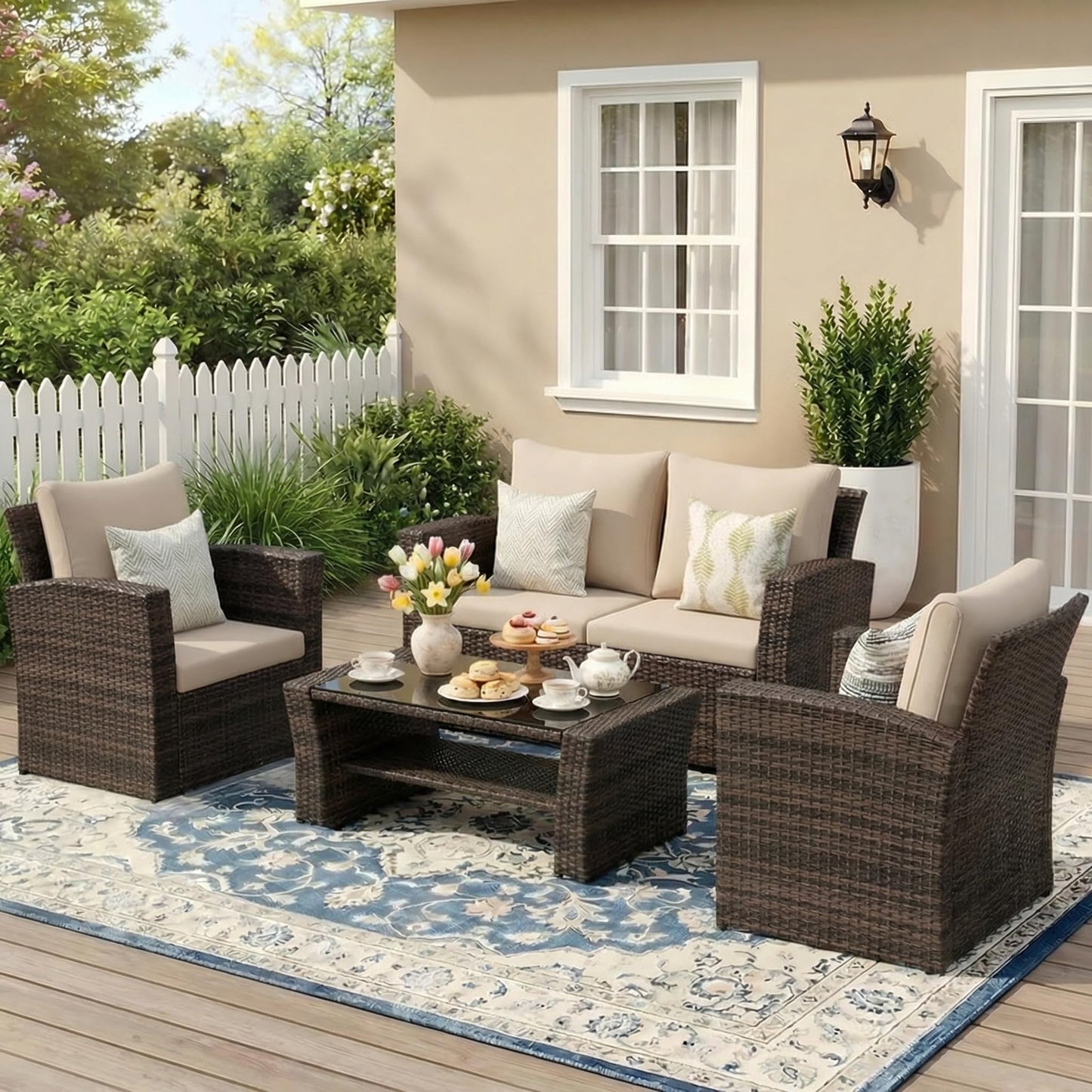 Wisteria Lane Patio Furniture Set, Wicker Outside Outdoor Furniture for All Weather, Patio Sofa with High Backrest Support and Wide Armrest for Backyard, Balcony, Deck, Porch, Brown