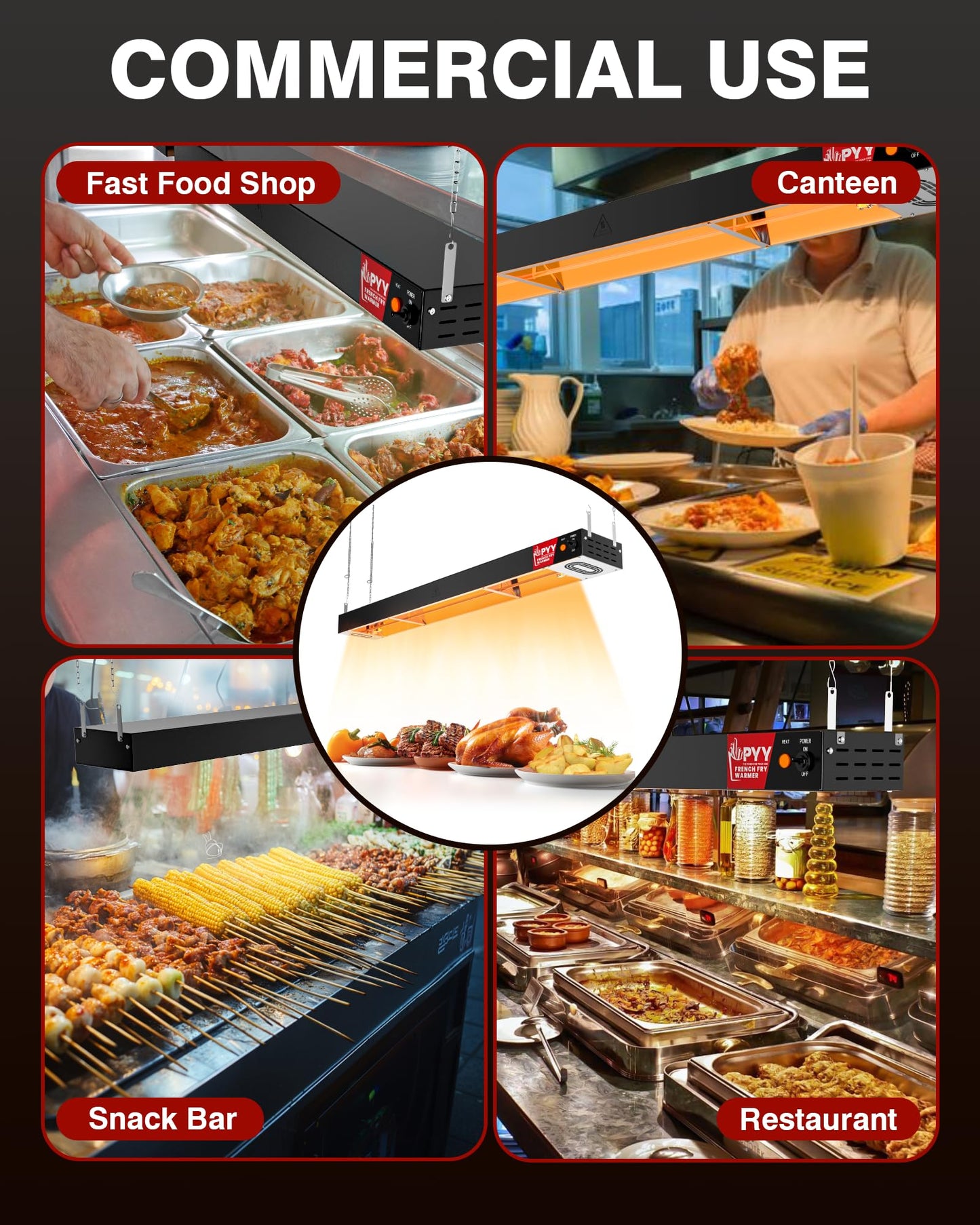 PPY 42 Inch Food Heat Lamp Strip - Commercial Food Heating Warmer Hanging, Warming Lights for French Fries Warmer, Stainless Steel Electric Strip Heater, Food Service Cafeteria, Restaurant, Black