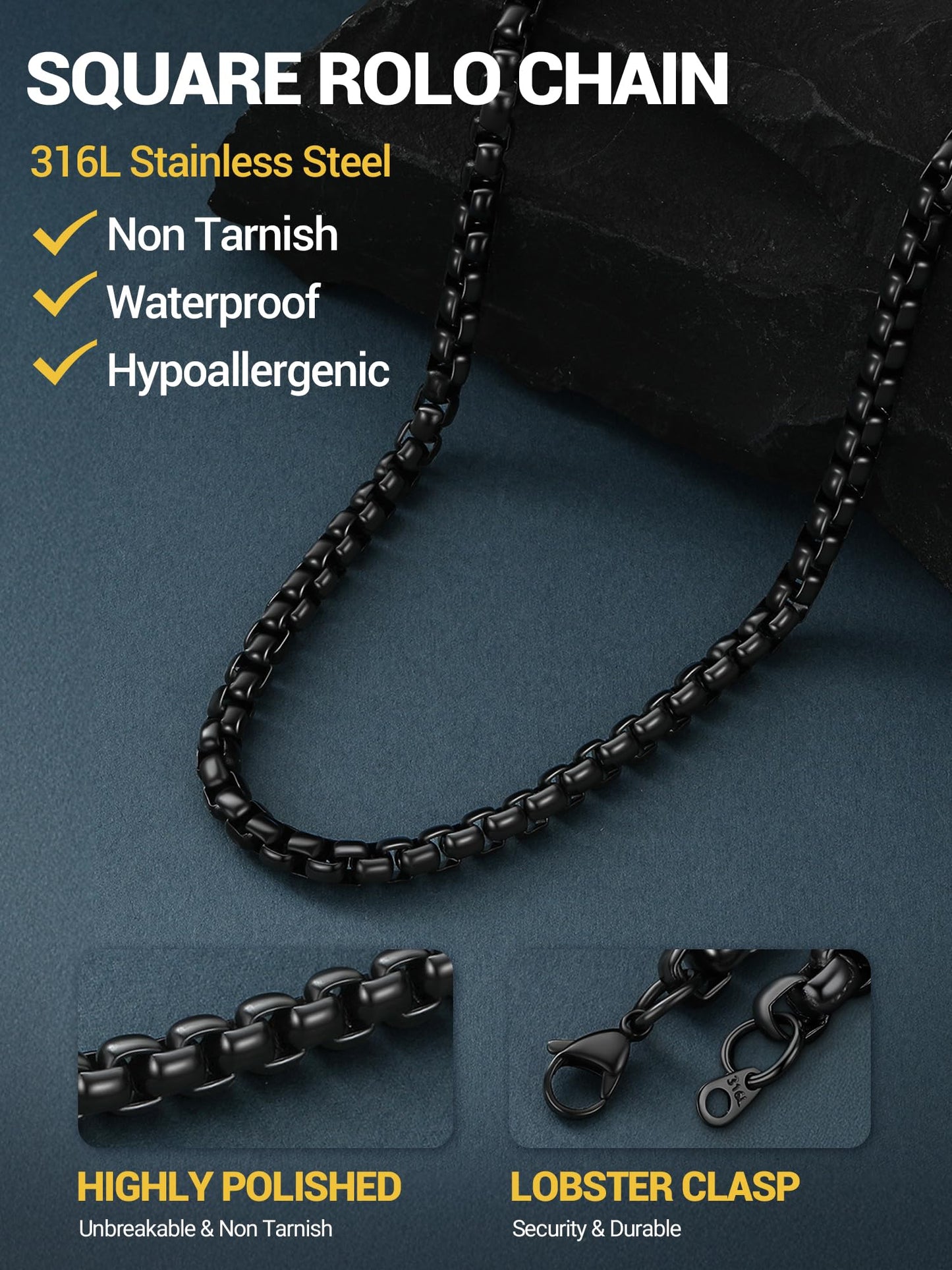PROSTEEL Squre Rolo Link Chains, Black Stainless Steel Chain Necklace Waterproof & Non Tarnish 6mm Link Chains for Men and Women Jewelry with Gift Box 30in