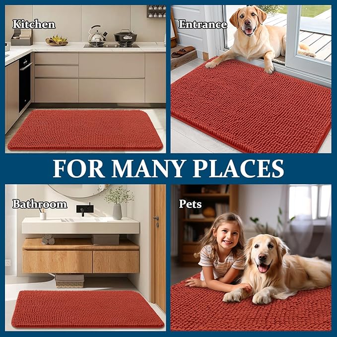 OLANLY Dog Door Mat for Muddy Paws 44x32, Absorbs Moisture and Dirt, Absorbent Non-Slip Washable Doormat, Quick Dry Chenille Mud Mat for Dogs, Entry Indoor Entryway Carpet for Inside Floor, Maple Red