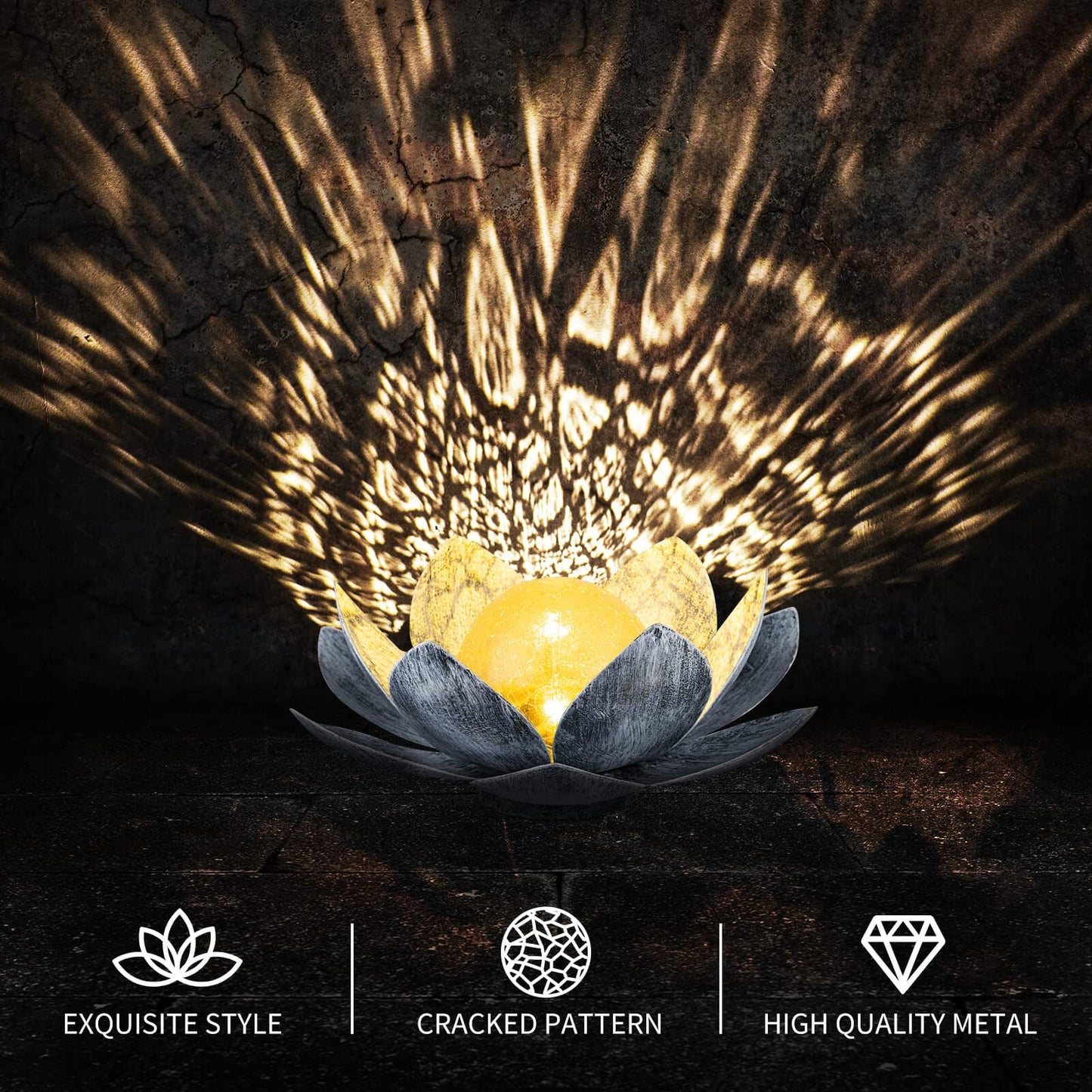 AIINY Garden Solar Light Outdoor(2Pack), Amber Crackle Globe Glass Lotus Decoration, Waterproof Gary Metal LED Flower Lights for Patio,Lawn,Walkway,Tabletop, Garden Gifts for Women
