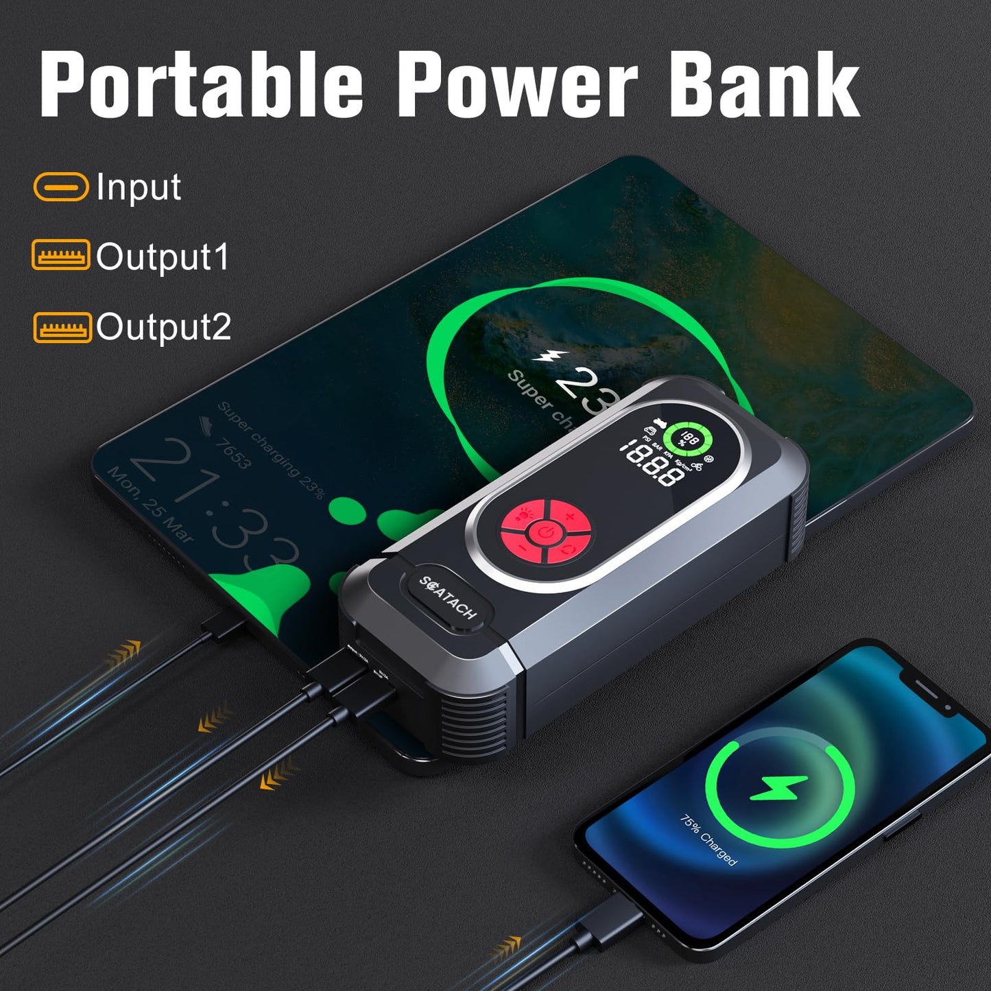 6000A Jump Starter with Air Compressor, Car Battery Jump Starter Portable (10.0 Gas/10.0L Diesel), 150 PSI 12V Car Battery Jump Box with Tire Inflator, Jumper Cables, LED Light, LED Display