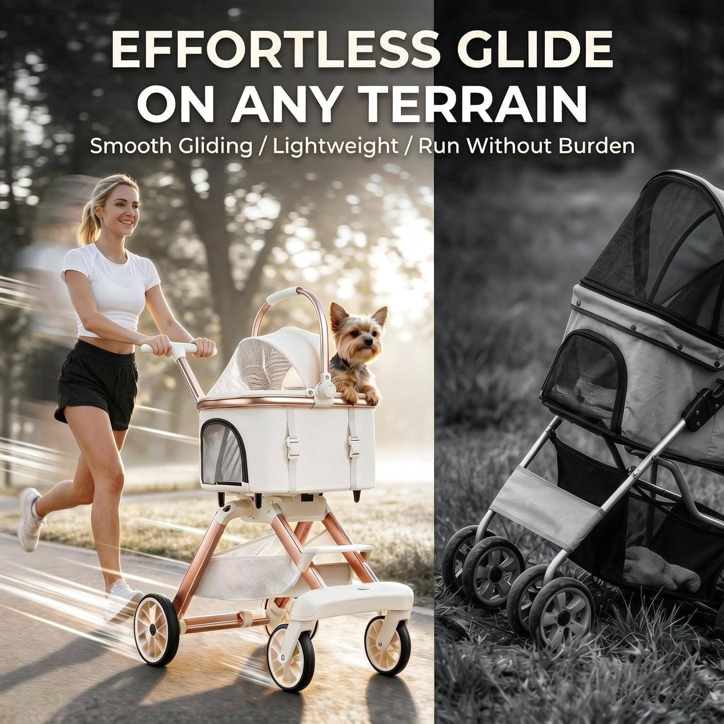 EPPMagice All-Terrain Pet Stroller for Small Medium Dogs & Cats, 20 lbs Capacity - Portable Carrier with One-Touch Brake, Lightweight Foldable Design & Shock Absorption Wheels,Beige