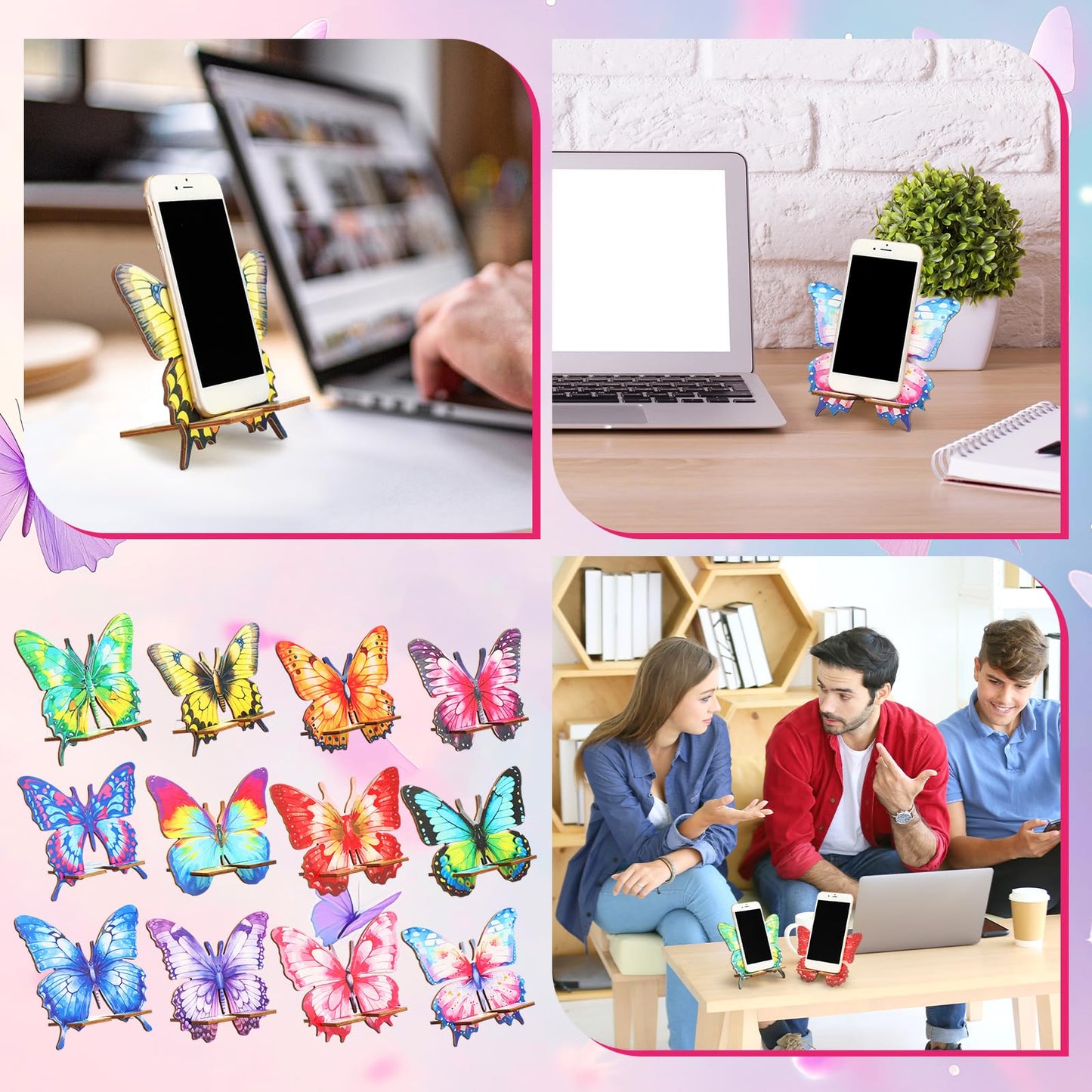 Konohan 12 Pack Wooden Butterfly Cell Phone Stands, Bulk Employee Appreciation & Spring Thank You Gifts, Decorative Desk Phone & Tablet Holders with Charging Hole, for Office, Team, Coworkers, Staff
