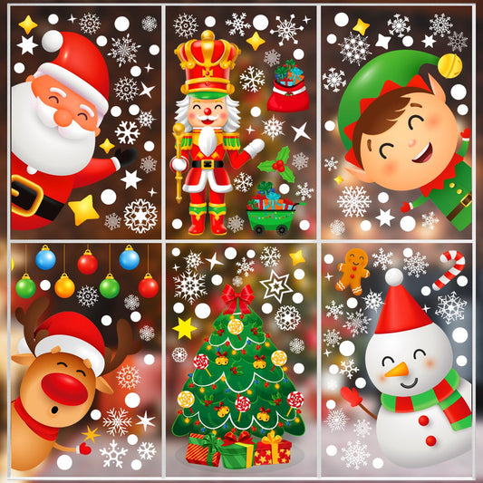 9 Sheets 200+Pcs Christmas Window Stickers Xmas Decals for Glass Snowflake Santa Claus Reindeer Christm Tree Window Cling Sticker for Decorations