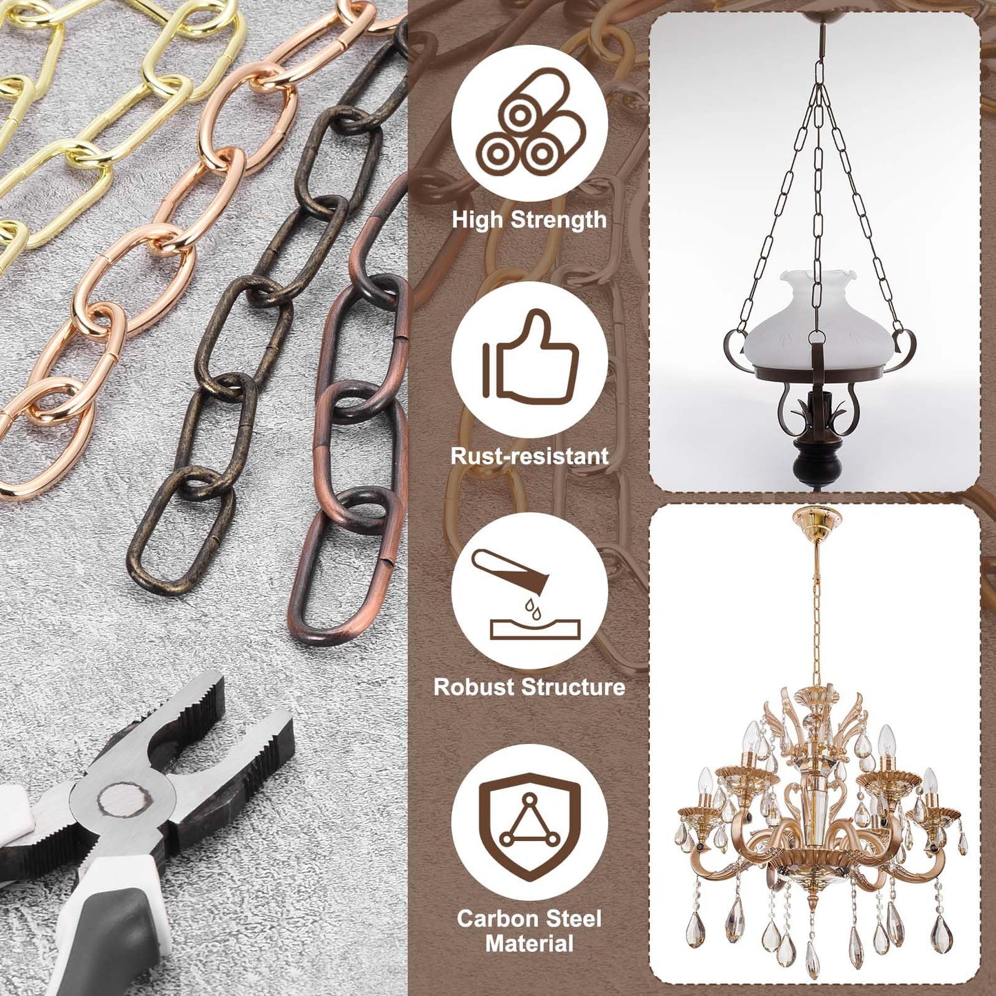 uxcell 7ft Lighting Hanging Chain, 2.8mm/0.11" Looping Metal Pendant Chandelier Chain Extension with 2 Spring Snap Hook for Hanging Plant Pendant Chandelier Light Fixture, Golden