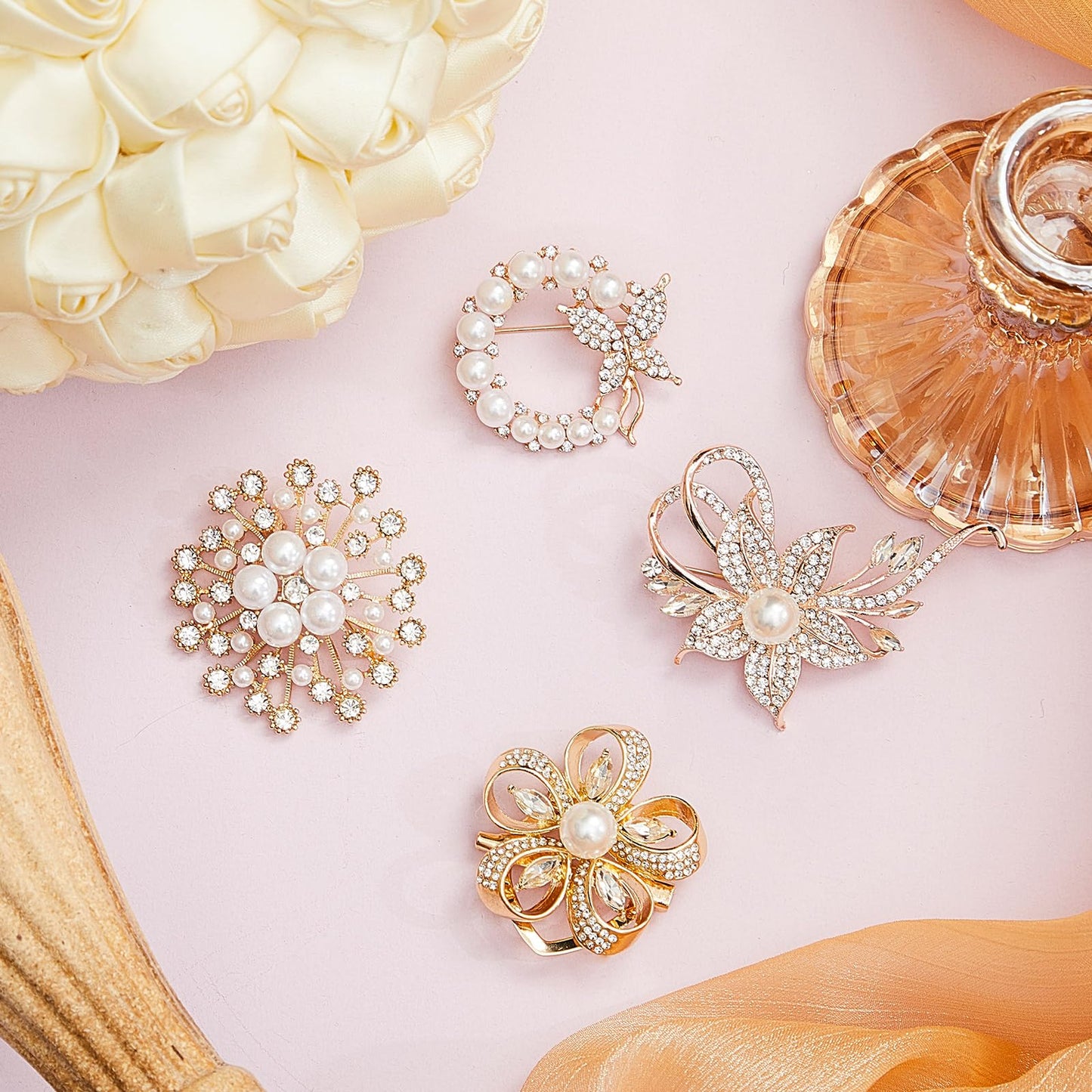 Ecally 8 Pcs Flower Brooch Pins for Women, Crystal Pearl Brooch and Pins for Dress, Coat, Shawl – Gift for Mother，Wedding (Groovy)