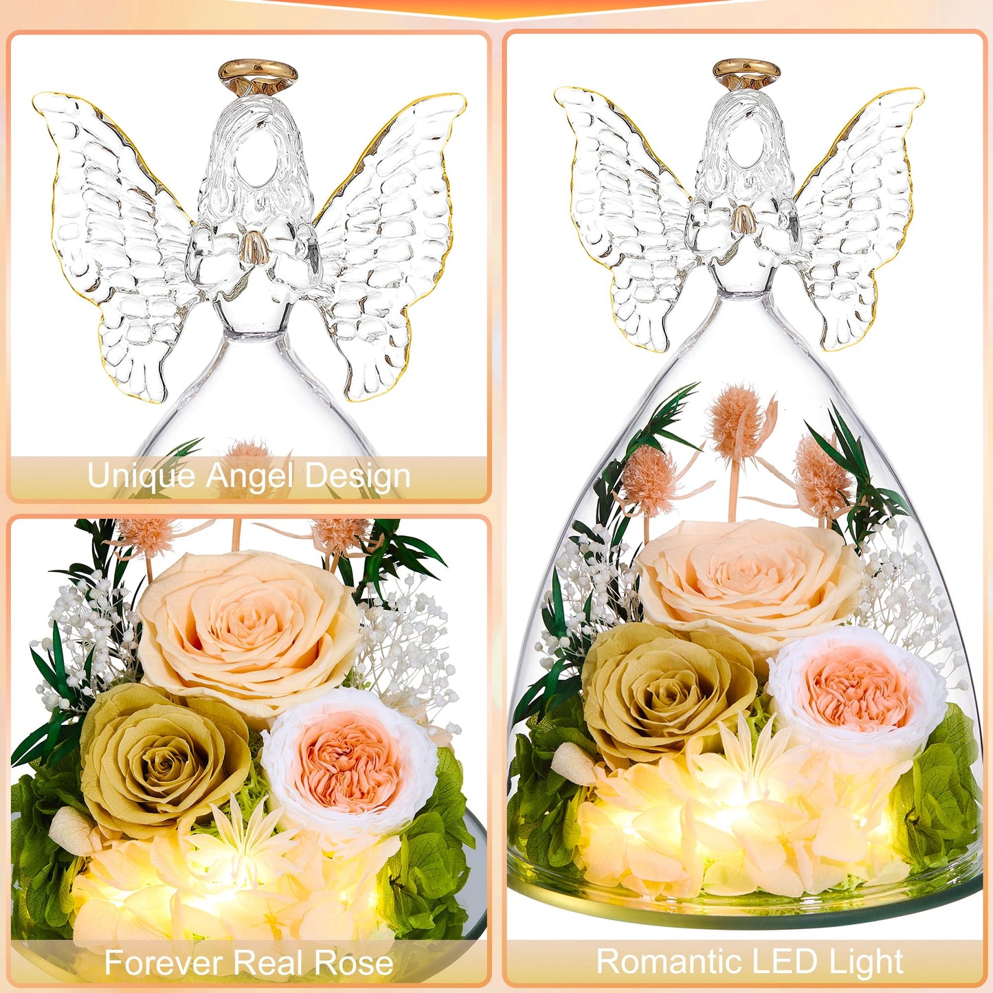 Tiaronics Mothers Day Rose Gifts for Women Preserved Real Flower in Glass Angel Figurines Roses for Delivery Prime Birthday Gifts for Mom Grandma Girlfriend Wife Her, ChampagneGold Austin