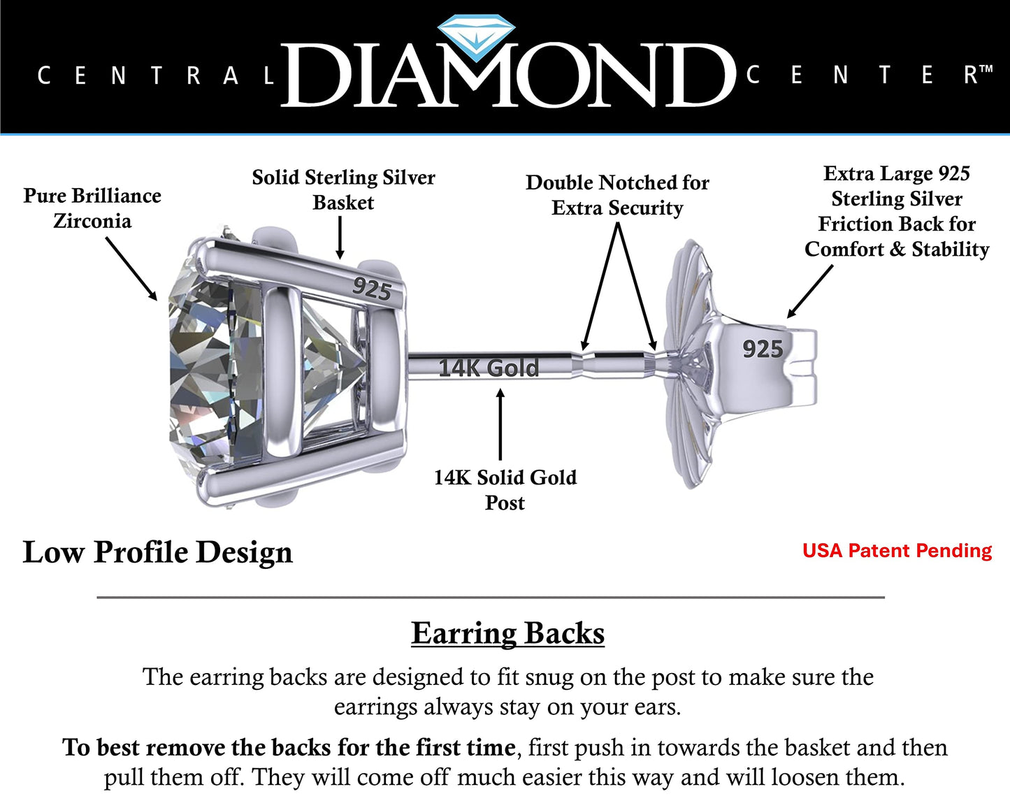 Central Diamond Center 14K Solid Gold Post & Sterling Silver 4 Prong CZ Stud Earrings - Platinum Plated - 8.50mm - 5.00cttw