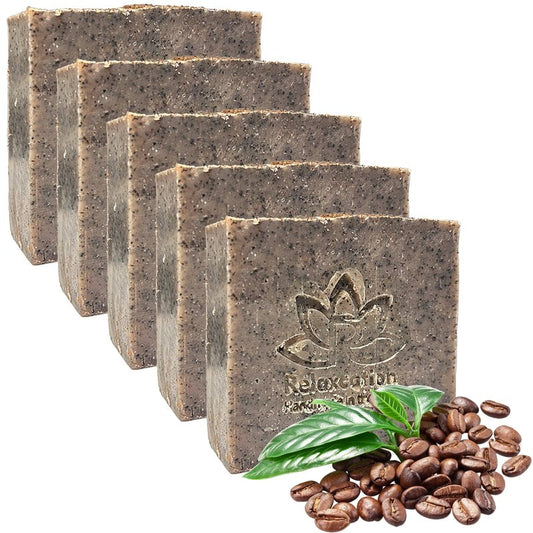 Relaxcation Handmade Coffee Scrub Soap Bar – Natural Exfoliating Soap with Fresh Ground Coffee, Cocoa Butter & Latte Aroma – Cold Process Body Scrub Bar - (5 bars)