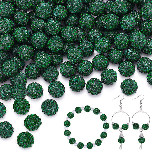 200pcs 10mm Emerald Rhinestone Beads for Jewelry Making, Shiny Round Shamballa Disco Ball Beads Bulk, Sparkle Crystal Clay Christmas for Bracelet Baseball Necklace Earring Crafting and DIY