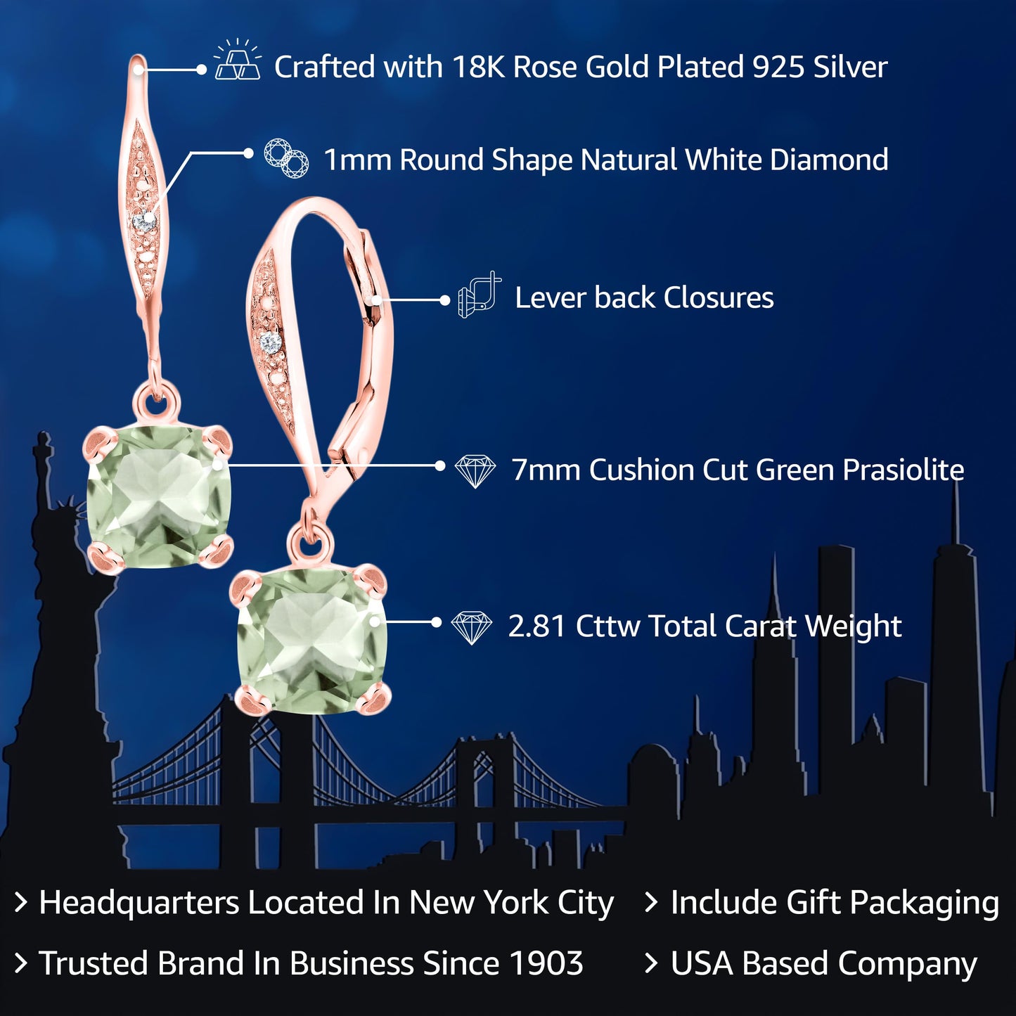 Gem Stone King Drop Dangle Earrings For Women | 7MM Cushion Cut Gemstone Birthstone and Diamond | 925 Sterling Silver | Jewelry Gift for Mom Wife Her | Prasiolite | Rose Gold